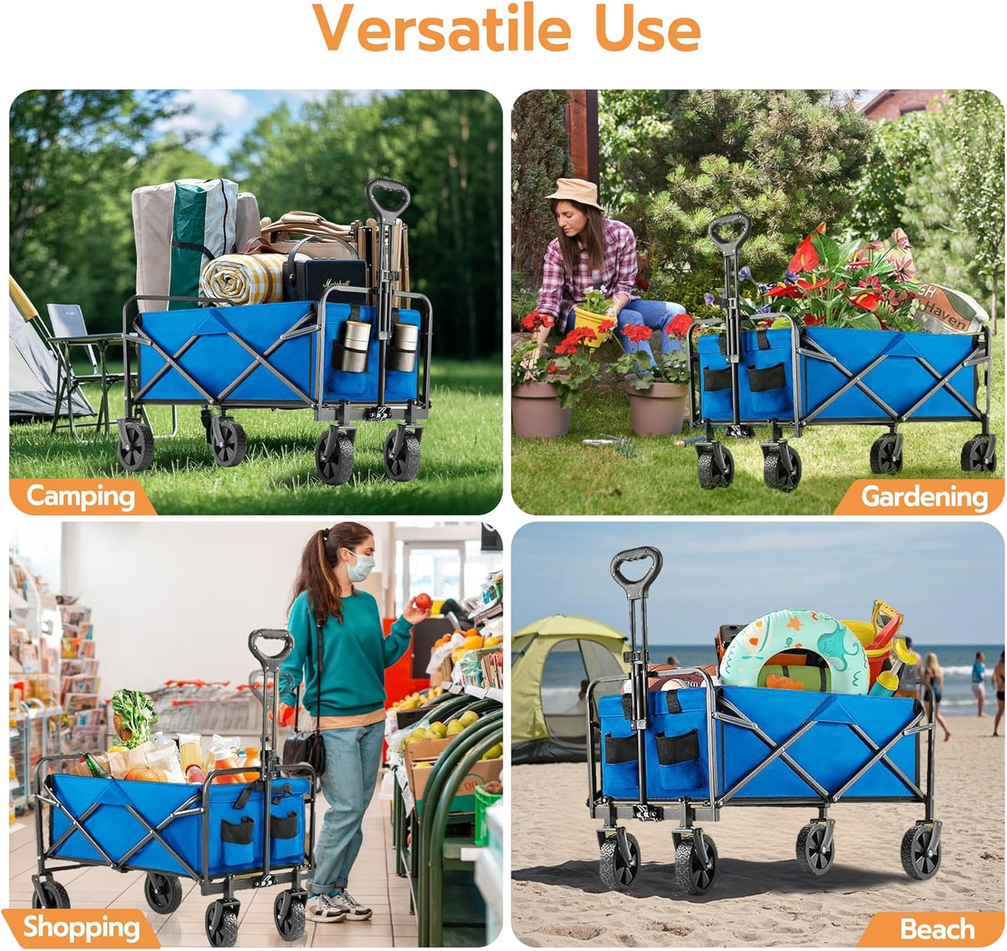 Heavy-Duty Collapsible Wagon Cart with Wheels 250lbs Capacity, Foldable Utility Cart for Camping Gardening Beach, All-Terrain Folding Carts with Reinforced Frame & Smooth Rolling Wheels, Blue