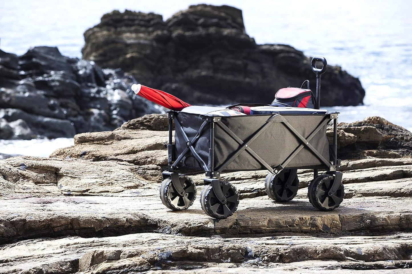 PICNIC TIME Adventure Wagon Elite All-Terrain Folding Sport Utility Cart with Wheels, Steel Frame Collapsible Wagon for Grocery, Rolling Cart for Beach with Fitted Cover and Carry Handle, (Dark Gray)