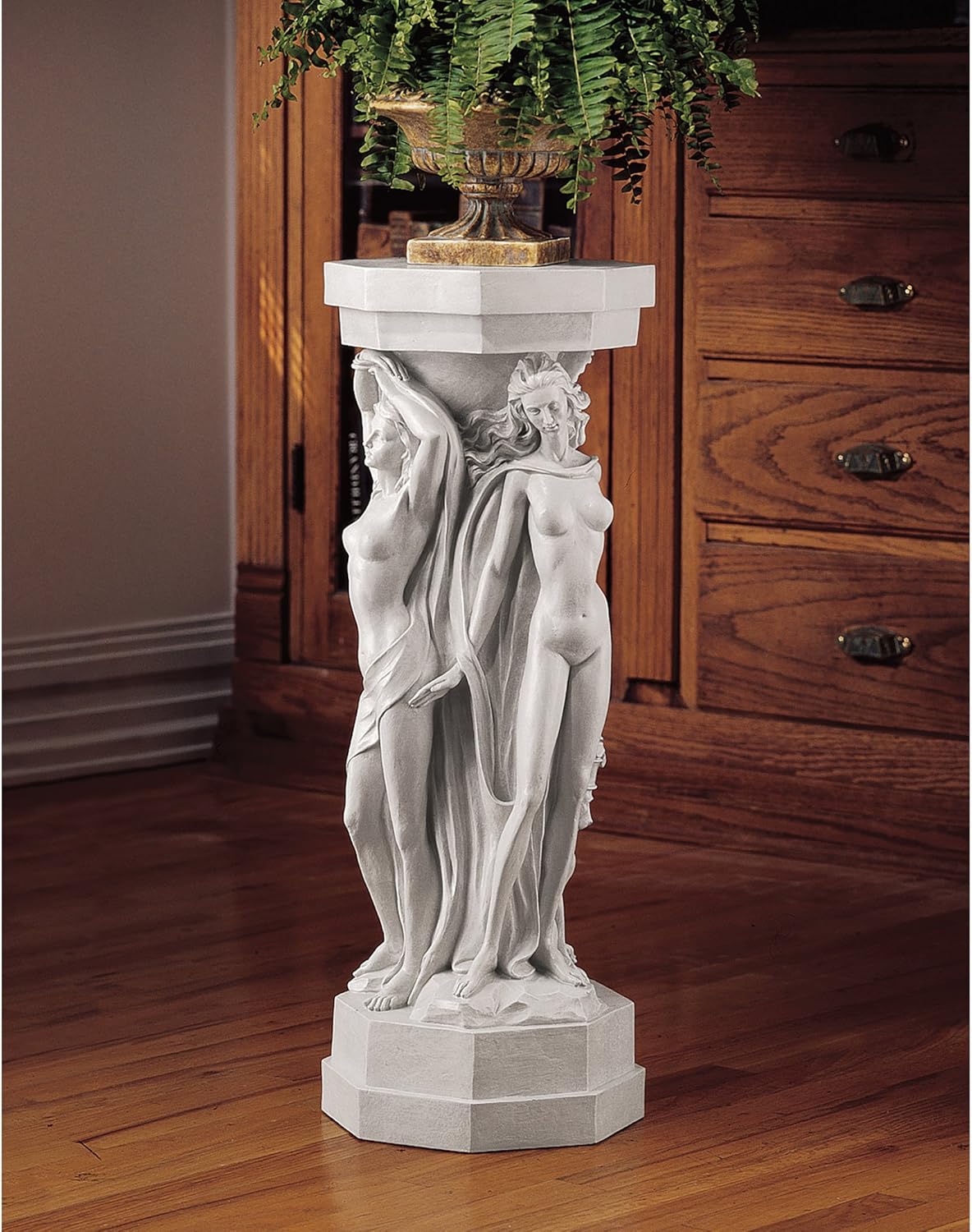 Design Toscano Column of Maenads Women Indoor/Outdoor Sculptural Display Pedestal Plant Stand, 28 inches tall, Cast Stone Resin, Antique Stone Finish