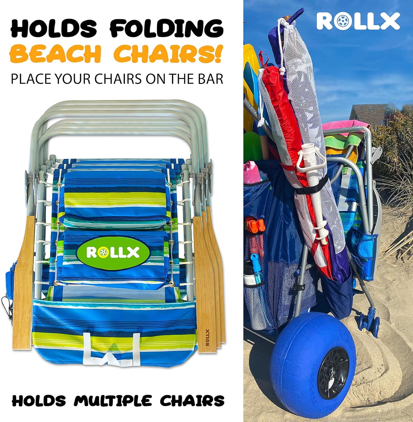 RollX Big Balloon Wheel Beach Cart for Sand, Foldable Storage Wagon wi