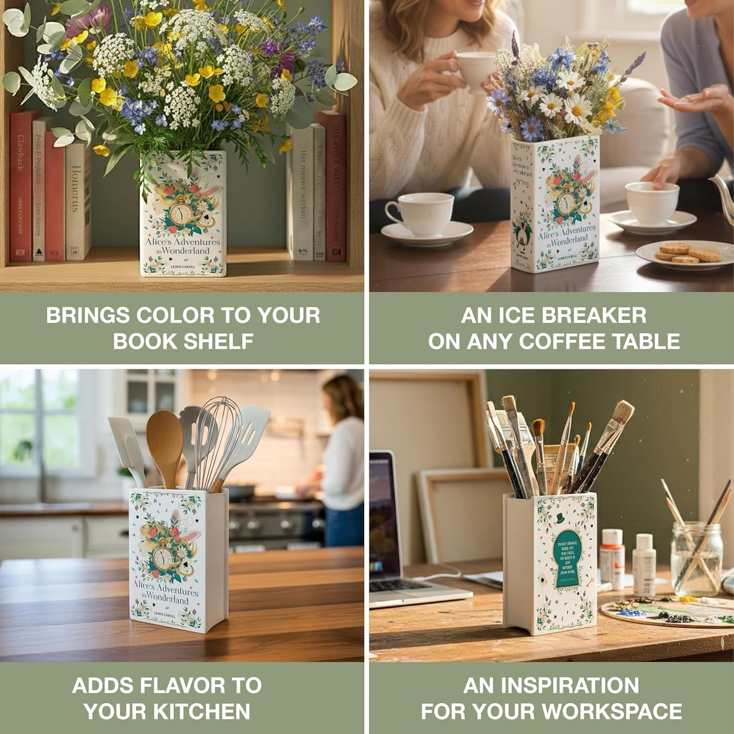 H&H Alice's Adventures in Wonderland Book Vase for Flowers + Bookmark - Lewis Carroll - Large Ceramic Book Planter Pot - Alice in Wonderland Bookish Decor - Bookish Gifts - Bookshelf Vase for Flowers