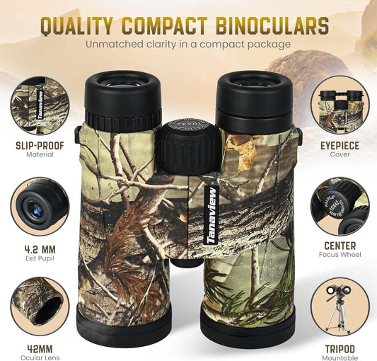 10X42 Compact Binoculars for Adults - Long Distance, High Powered Binoculars with Travel Case - Extra Bright Light & Large Field of View - Lightweight, Water & Fog Proof, Hunting, Bird Watching