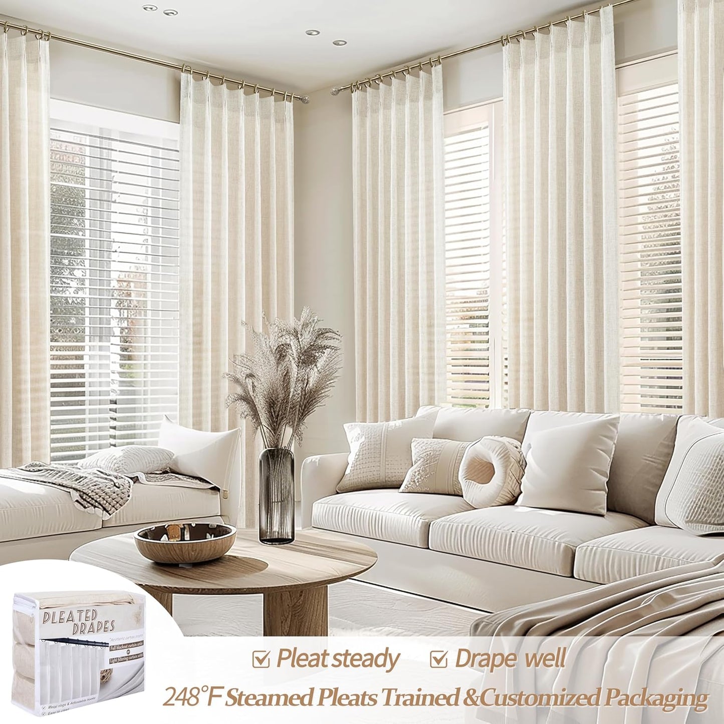 Pinch Pleated Linen Curtains 96 Inches Long for Living Room Bedroom, Light Filtering Boho Window Drape 96 inch 2 Panels Burgs with Hooks&Rings 8ft Cream Birch Sliding Glass Door Sheer Curtain Decor