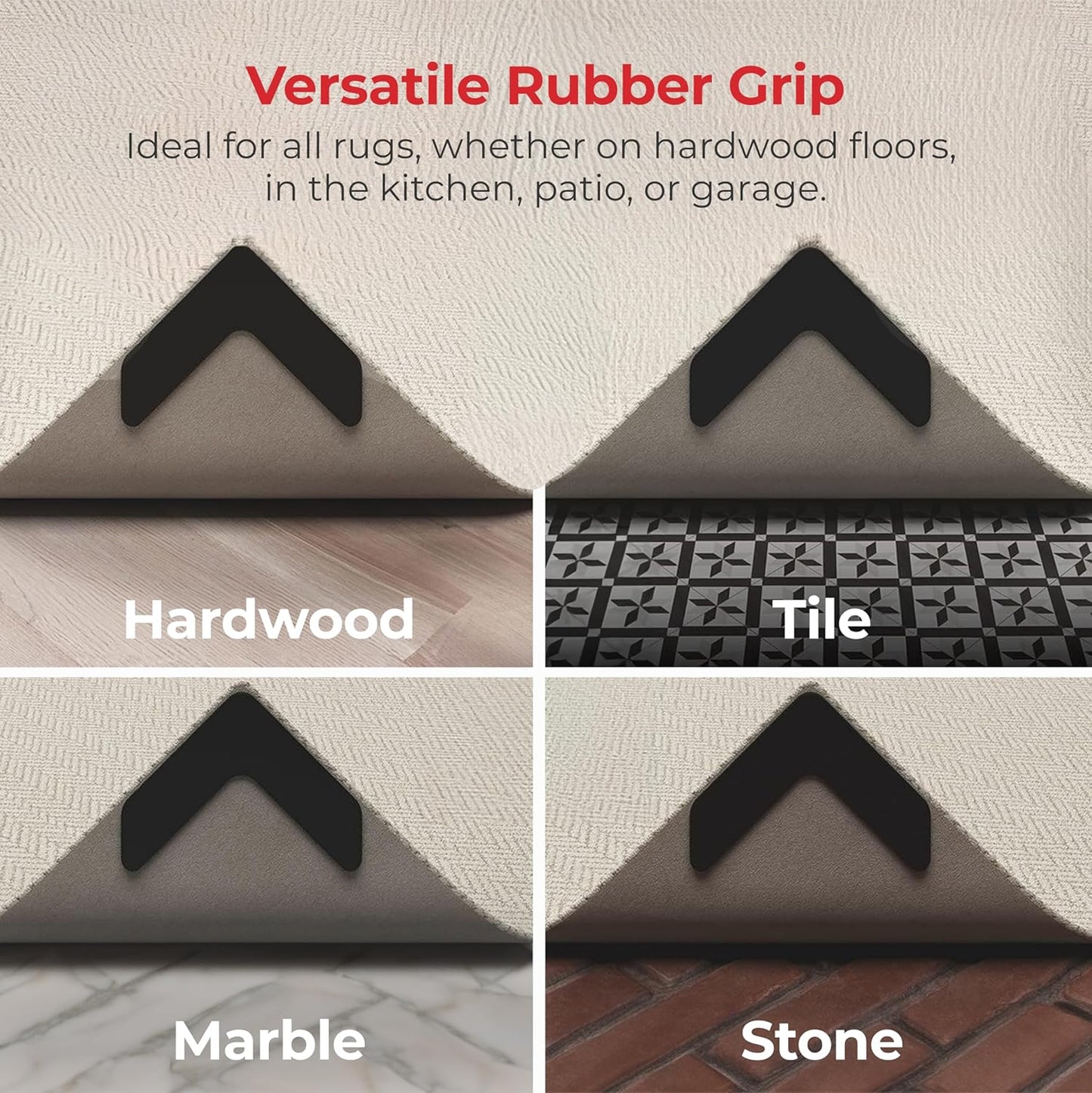 NeverCurl 4-Pack V Shape Rug Corner Grippers - Rug Gripper for Hardwood Floors and Outdoor Surfaces - Stops Curling Corners - Safe Carpet Tape Alternative - Works on Rug Corners Indoors