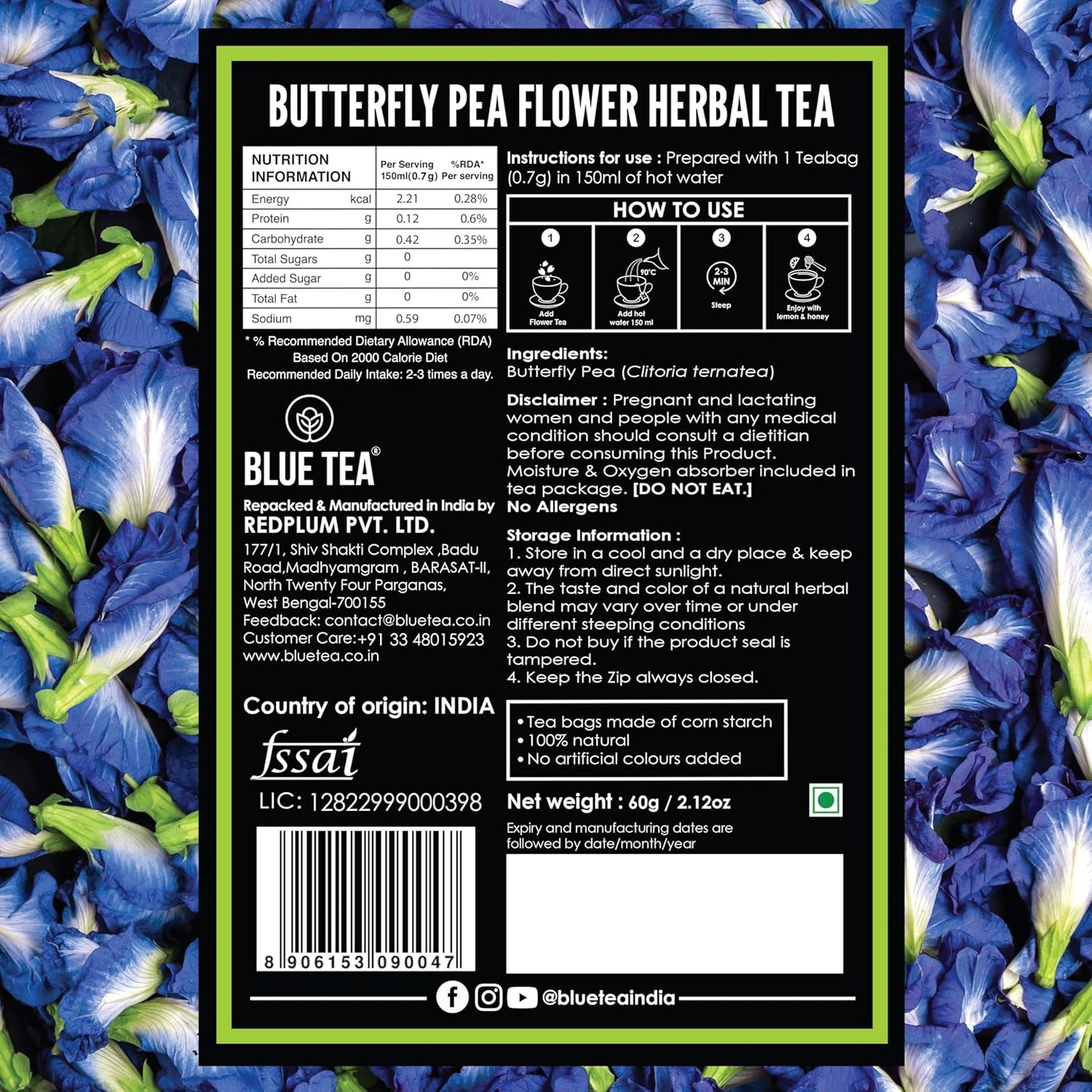 BLUE TEA - Butterfly Pea Flower Tea - 2.11 Oz (150+ Cups) | Antioxidant Rich | Chemical Free - Herbal Tea - Caffeine free - Non Bitter - No Preservatives | Zipper Pack