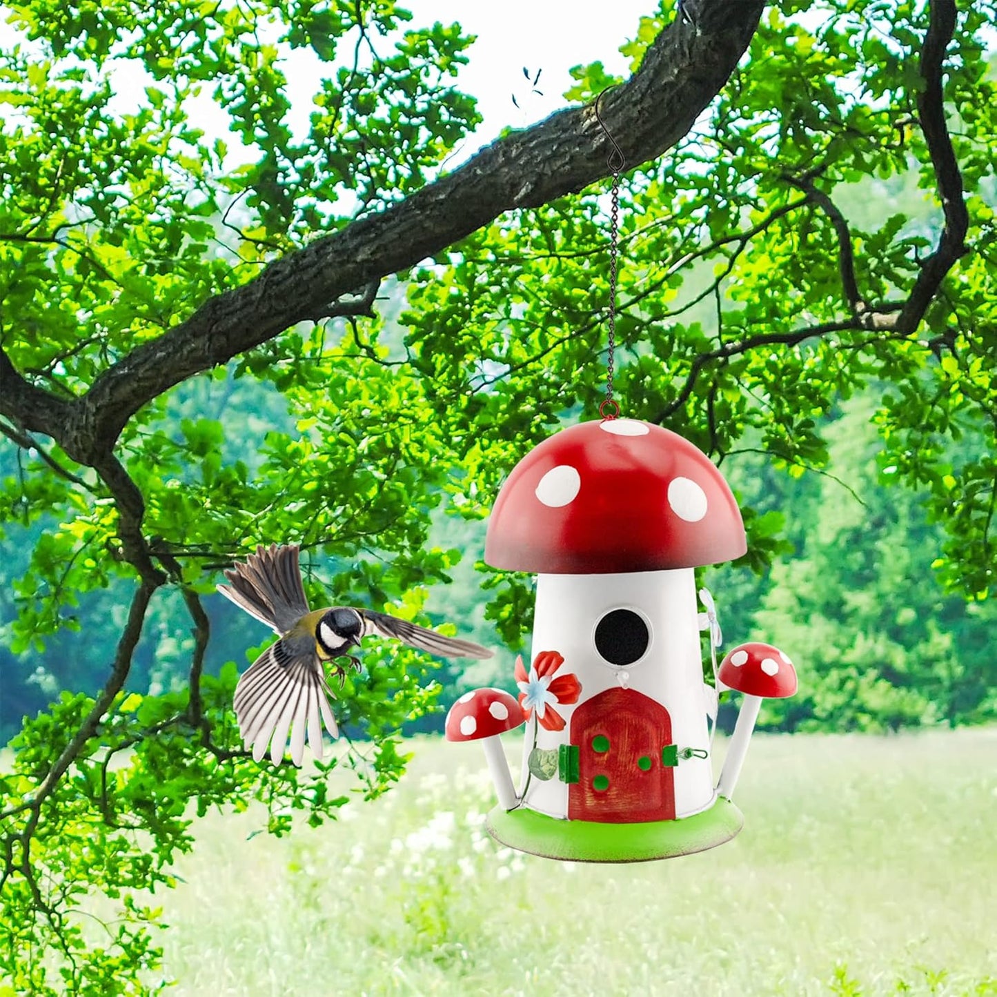 Mushroom Shaped Birdhouse; Songbird Nesting Galvanized Iron Colorful Mushroom Bird House