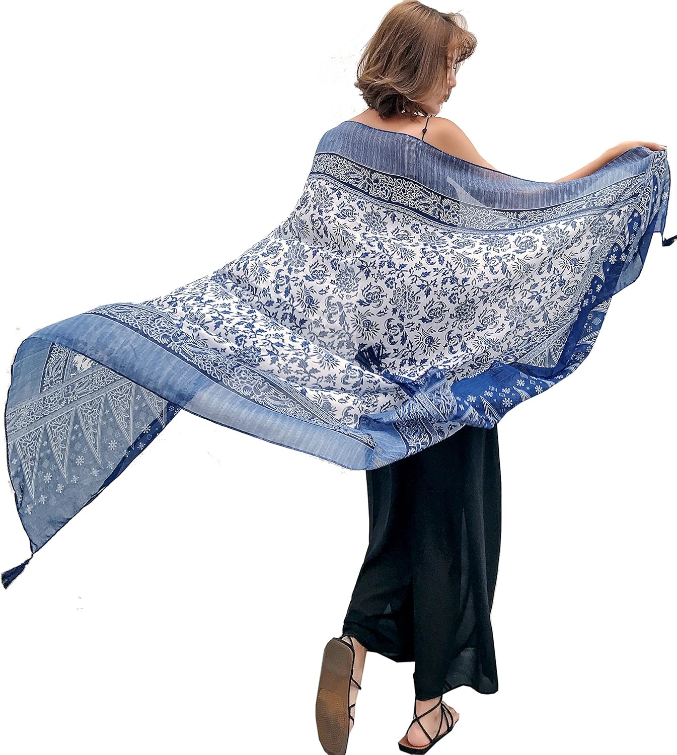 GUZOSJO Women's Boho Cotton Hemp Lightweight Floral Printed Scarf Long