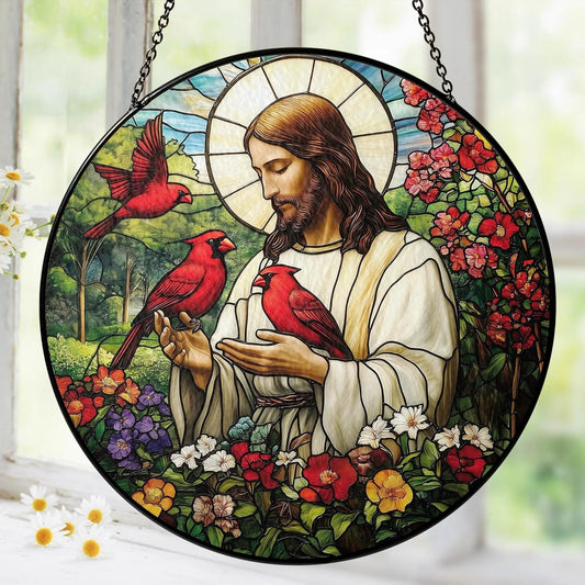 Christian Gifts for Women Faith Red Cardinals Window Hanging Suncatcher Stained Glass, Jesus & Cardinal Faith Home Decorations Jesus Gifts for Women of God Christmas Religious Catholic Gift For Memory