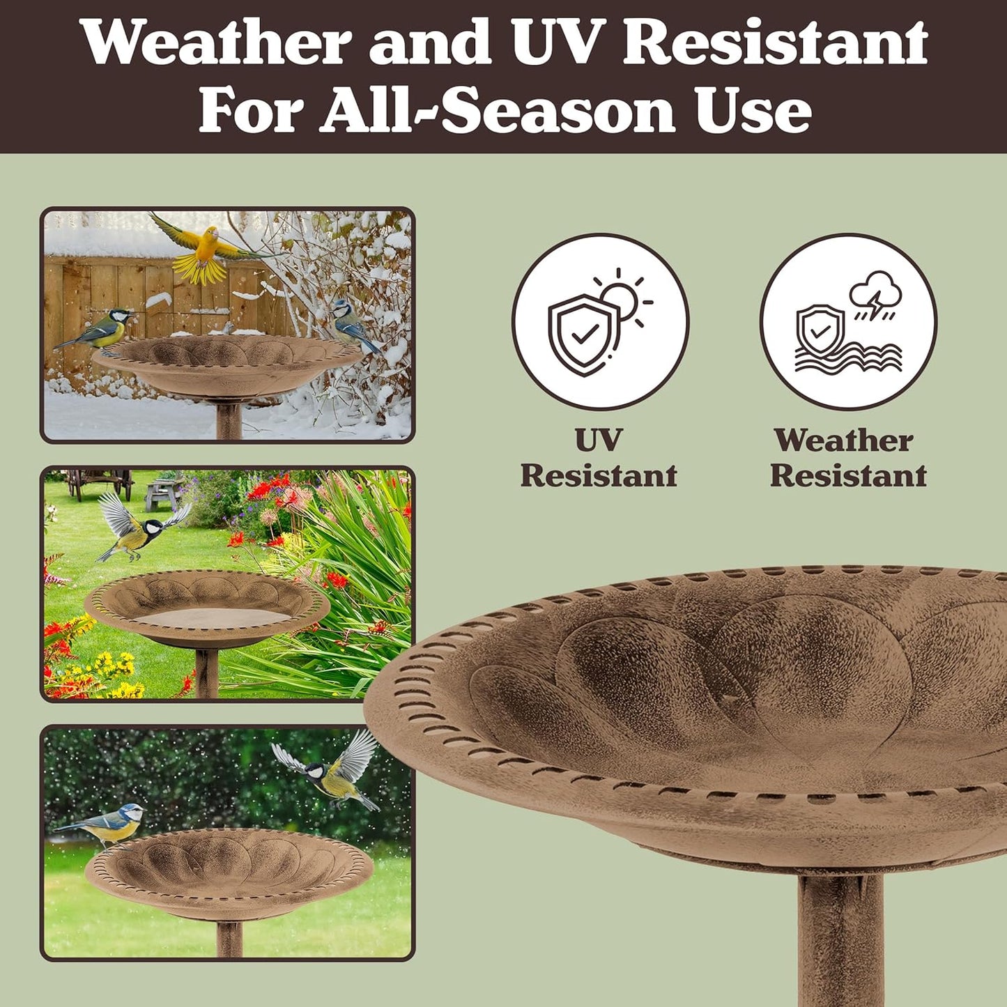 Pure Garden 50-LG1074 Antique Bird Bath-Weather Resistant Resin Birdbath with Vintage Scroll Design, 3 Ground Stakes for Garden, Outdoor Decor (Bronze)