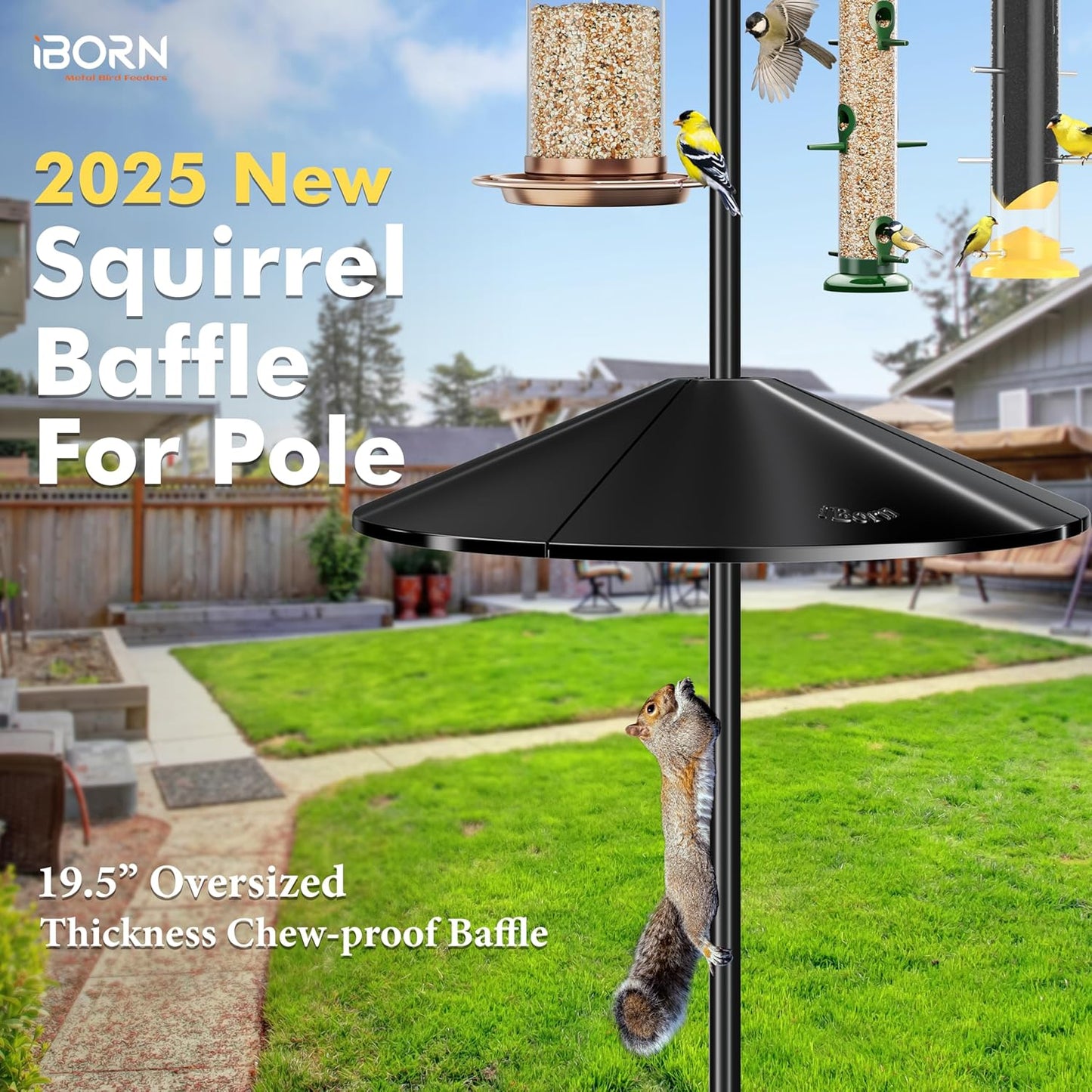 iBorn Squirrel Baffle for Bird Feeder Pole, 19.5” Oversized Squirrel Guard Defender, Bird Feeder for Outdoors Protector, Polycarbonate(PC), Pack of 1, Black
