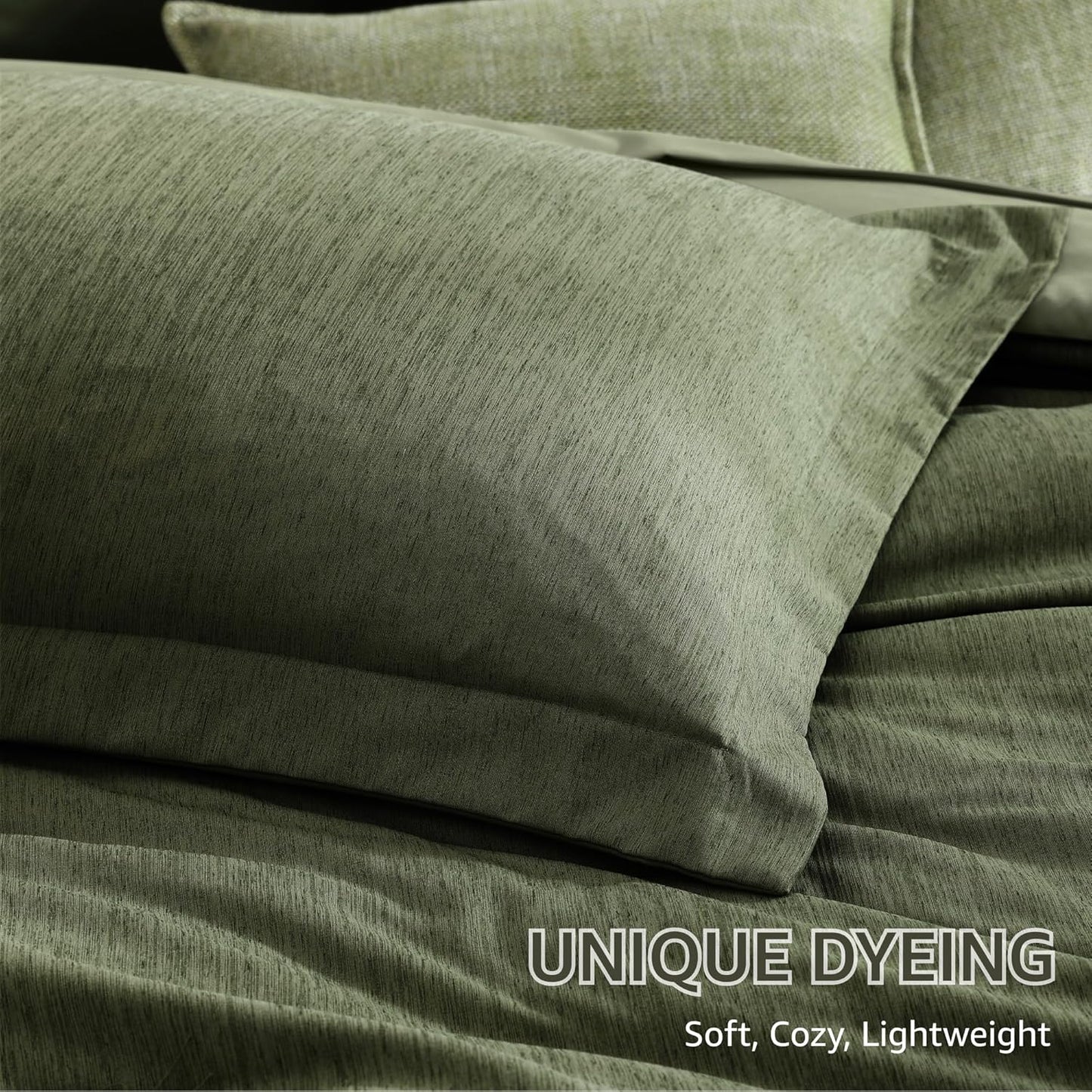 Monbix Queen Comforter Set - 7 Pieces Cationic Dyeing Olive Green Bed in a Bag Queen Bedding Sets with Comforter, Sheets, Pillowcases & Shams, Reversible Bedding Comforters Sets