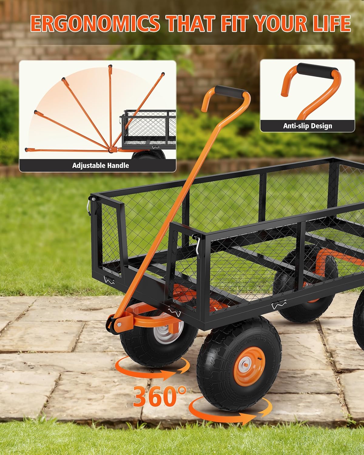 Heavy Duty 900 Lbs Capacity Steel Garden Cart, 3-in-1 Utility Metal Wa