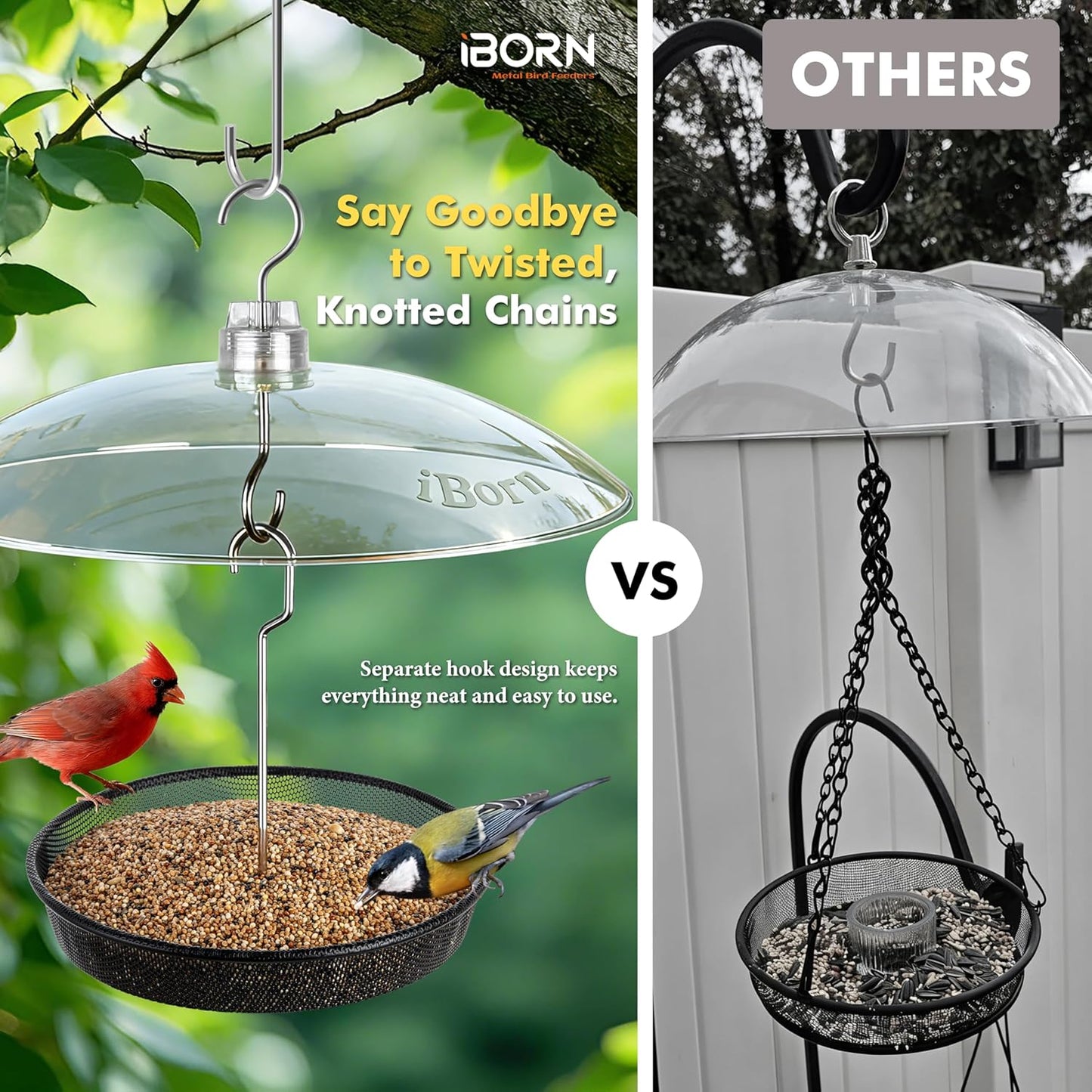 iBorn Hanging Bird Feeder Tray, Metal Mesh Bird Feeder Bowl with Thick Metal Hanger, Sturdy & Durable for Outdoors, Easy to Refill & Clean, Pack of 1, Black