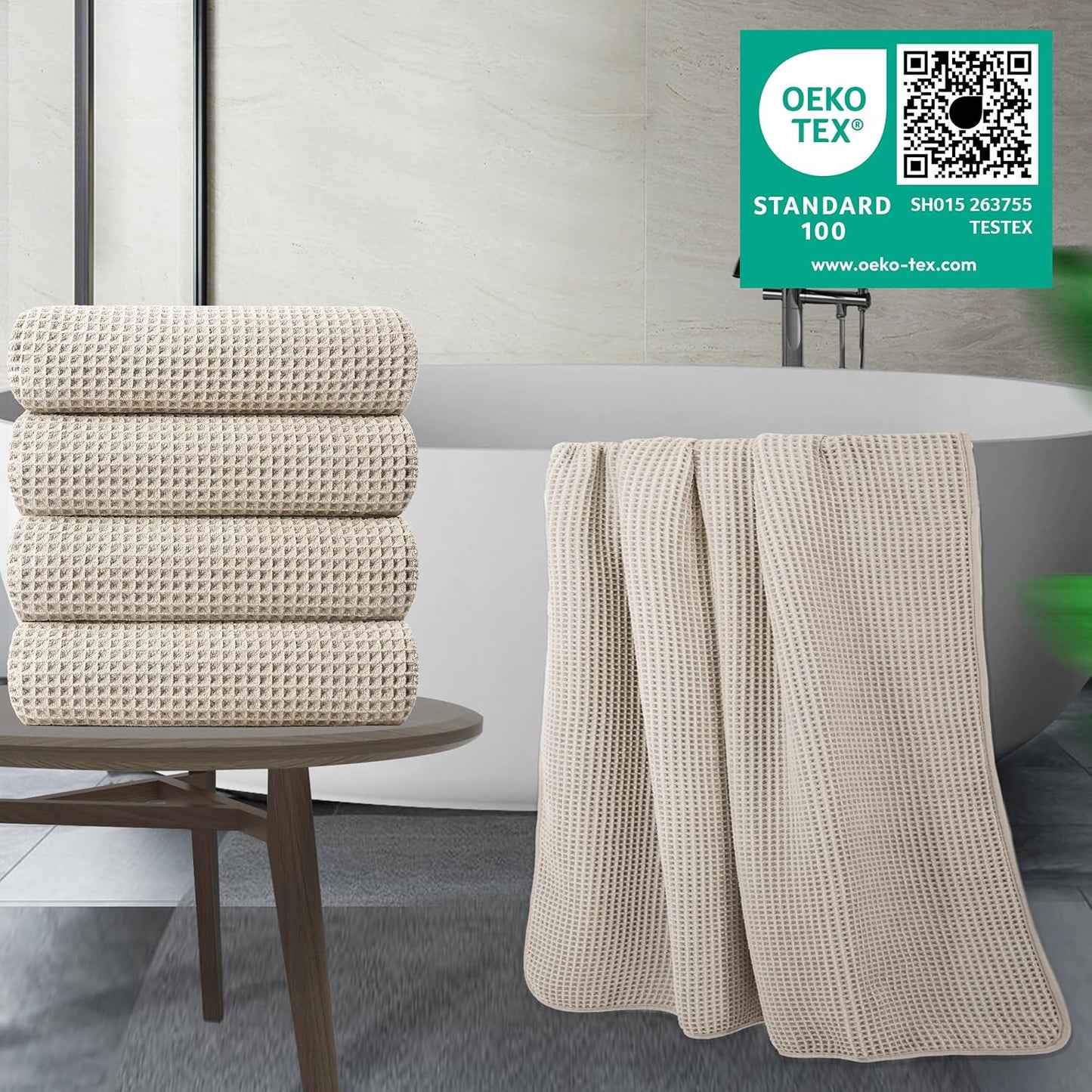 POLYTE 430 GSM Microfiber Oversize Quick Dry Lint Free Bath Towel, 60 x 30 in, 4 Pack (Waffle Weave)