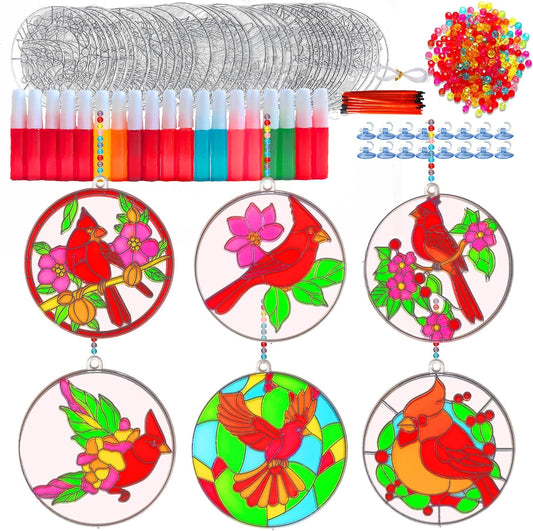 30 Sets Cardinal Suncatcher Craft Kits, Make Your Own Red Bird Stained Glass Suncatchers for Window Hanging, DIY Window & Wall Art Home Decor Gift for Bird Lovers, Women, Mother's Day & Christmas