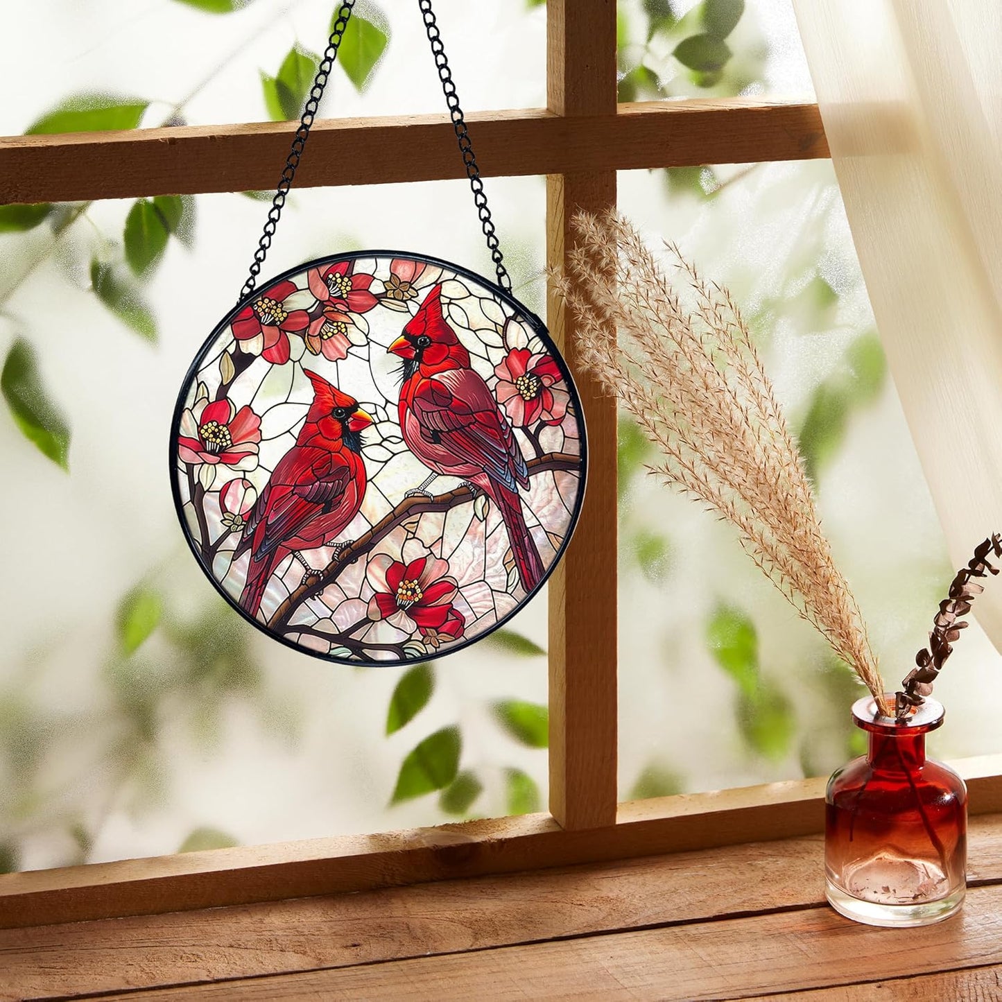 Cardinal Bird Stained Glass Window Hanging, Red Cardinal Flower Sun Catchers Indoor Window Round Glass Wall Art Decor, Bird Suncatcher Wall Hanging Decorations, Gardening & Lawn Care