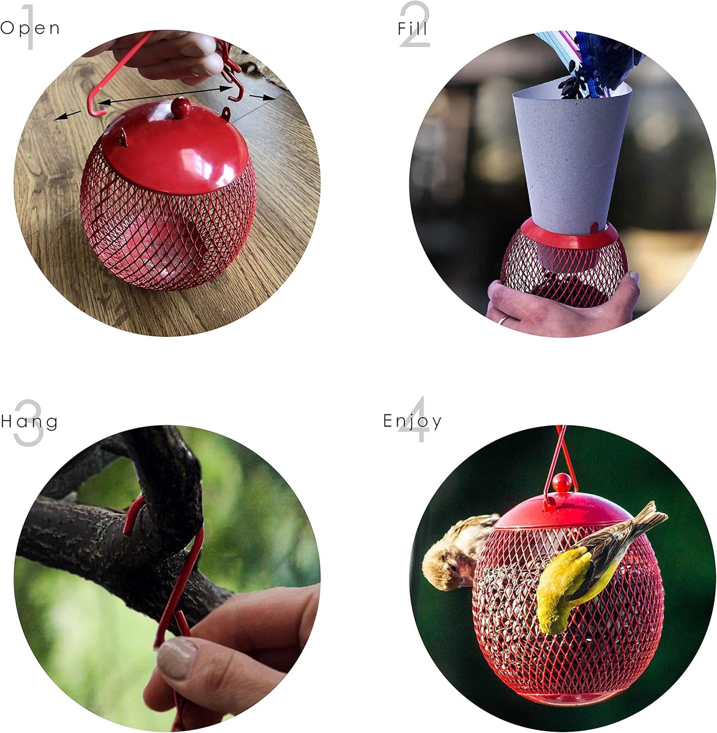 Backyard Expressions 3-Pack Metal Mesh Bird Feeders for Outdoors – Red, Blue & Yellow Squirrel-Resistant Hanging Feeders for Cardinals, Finches & Songbirds – Durable All-Weather Design