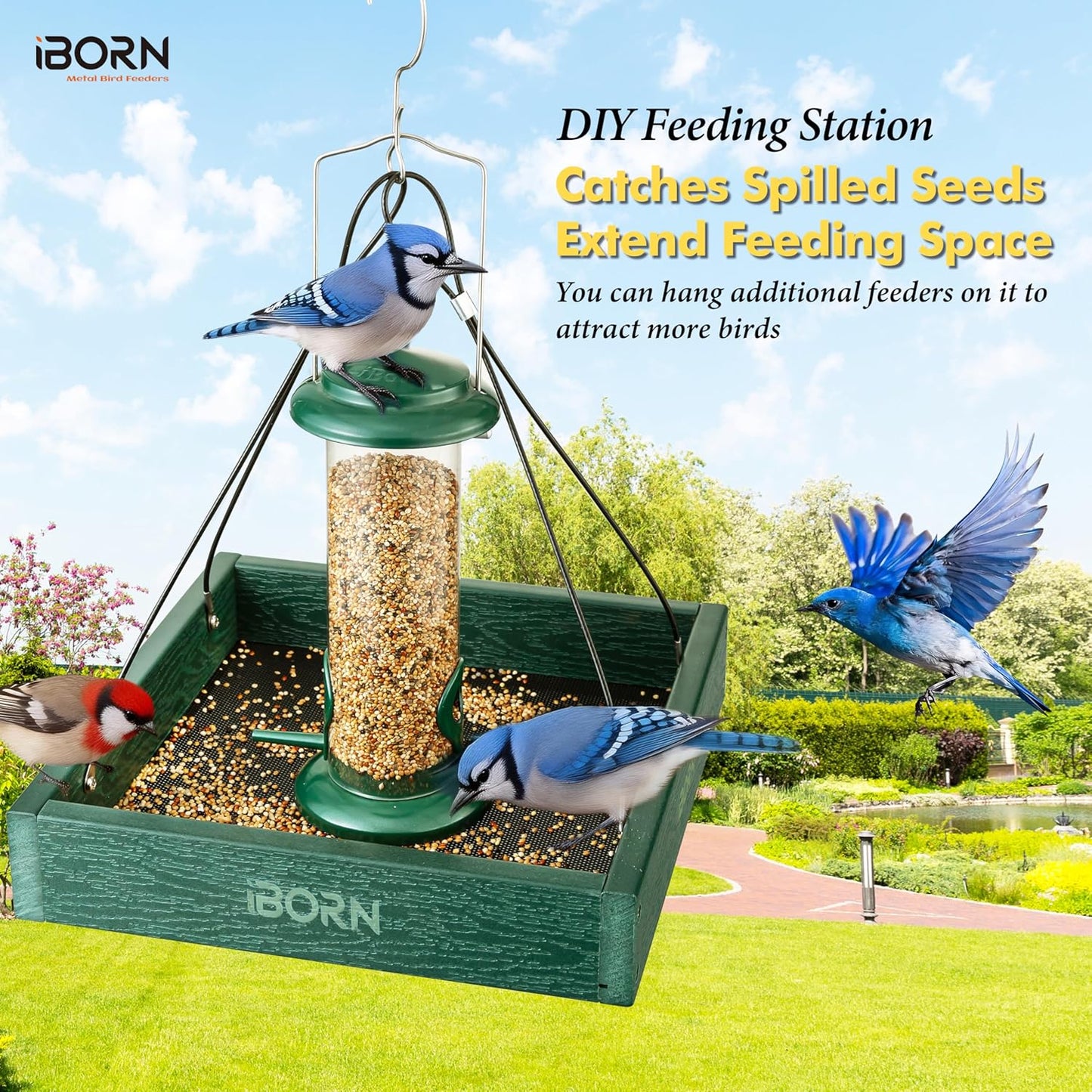 iBorn Platform Bird Feeder Tray, Bird Feeders for Outdoors Hanging, Flat Birdfeeder Tray with Large Capacity 3LBS, WPC Recycled Plastic & Cedar Look, Waterproof, 10.5"x10.5", Green