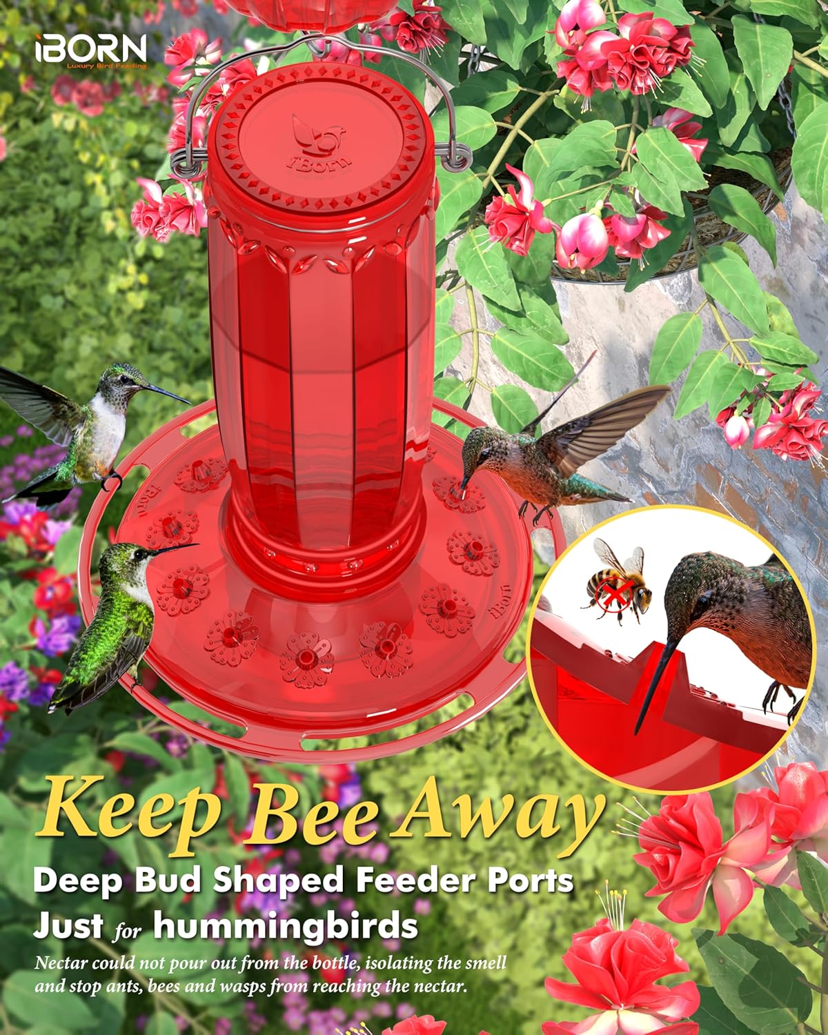 iBorn Hummingbird Feeders for Outdoors Hanging with Ant Moat for Hummingbird Feeder Glass 12 Ports for 16oz Humming Bird Nectar, Red Glass, Pack of 1
