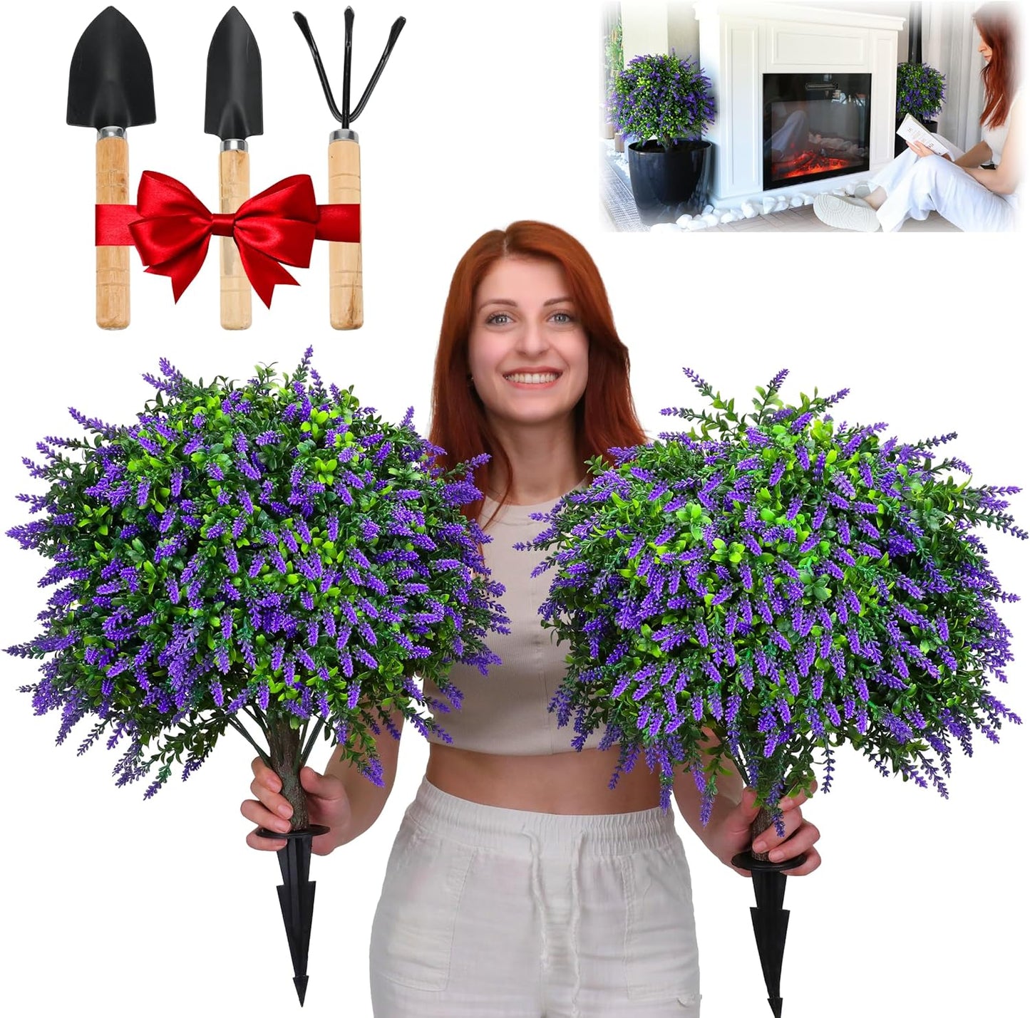Artificial Boxwood Topiary Balls with Lavender – 24" Set of 2 Faux Shrub Bushes, Evergreen Trees with Ground Spike & Garden Tools – UV Resistant Faux Plants for Outdoor Planters, Porch & Front Door