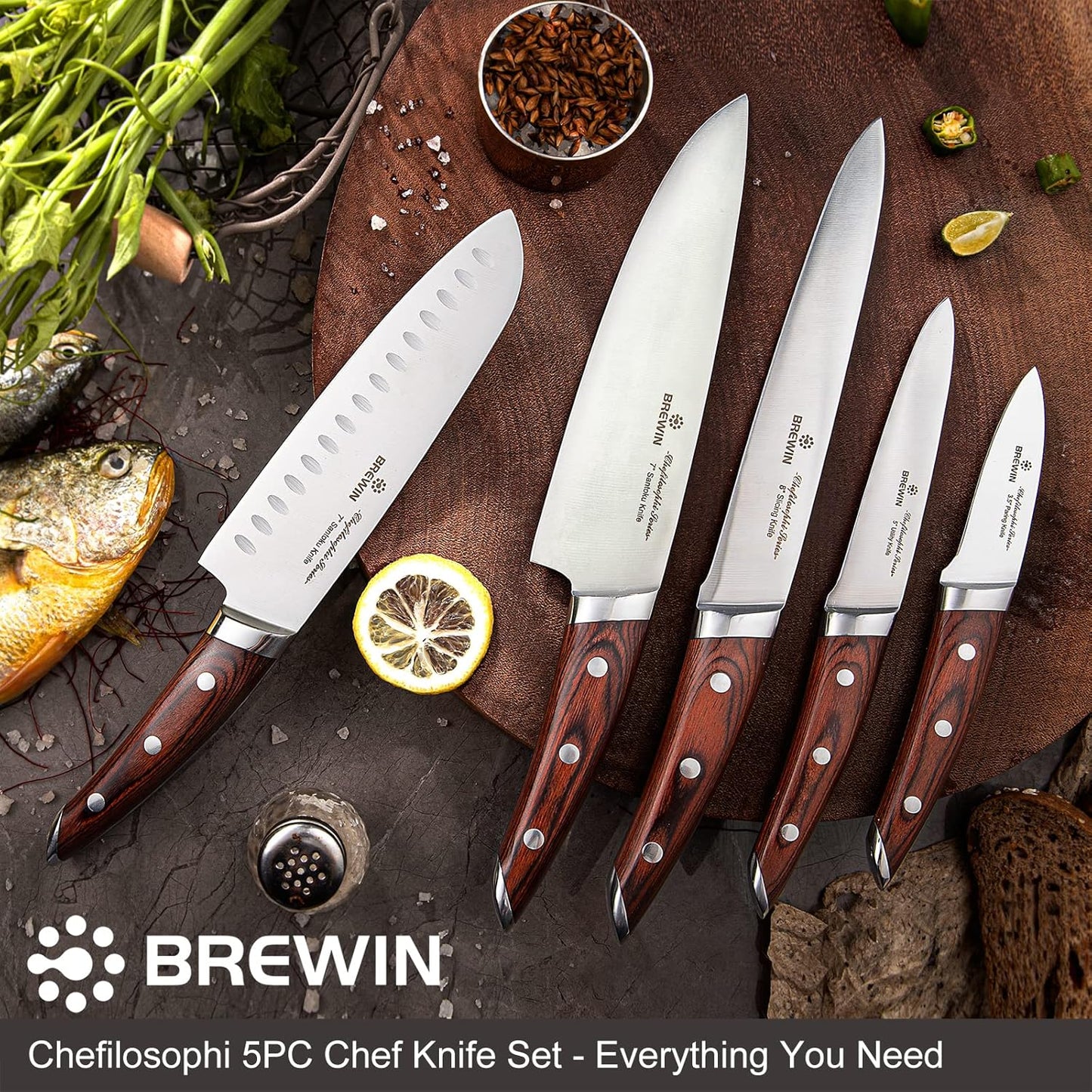 Brewin CHEFILOSOPHI Japanese Chef Knife Set 5 PCS with Elegant Red Pak