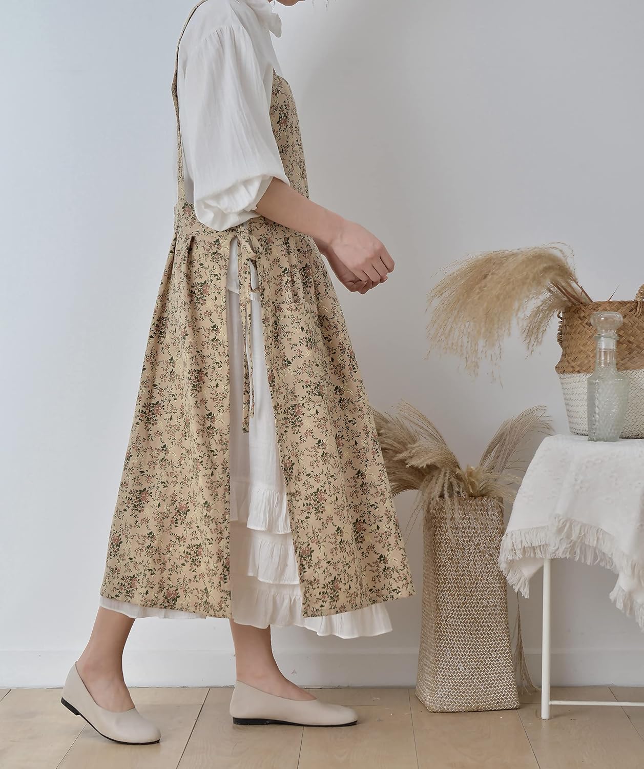 Japanese Cotton Linen Cross Back Apron with Pockets,Fashion Pinafore D