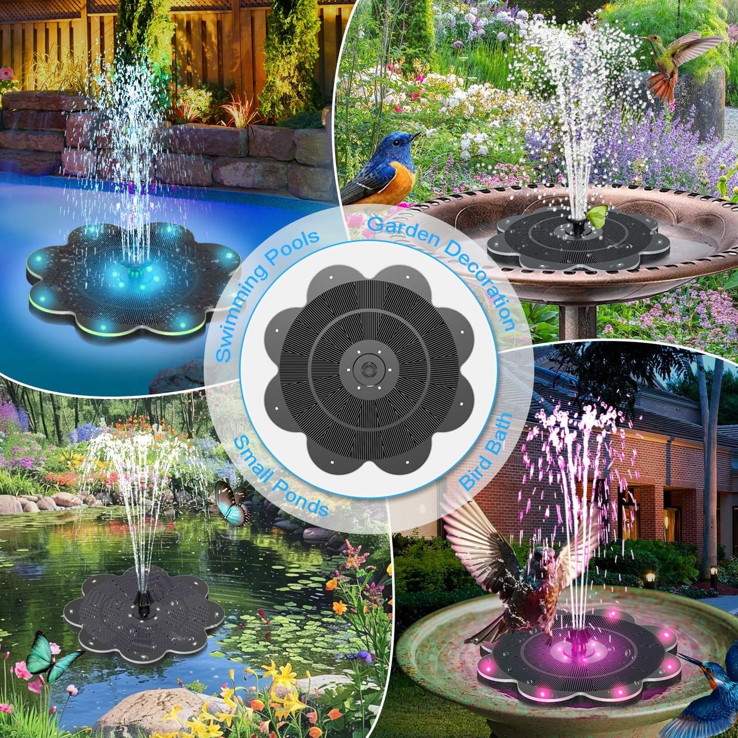 Solar Fountain, 2026 Upgraded 3.5W Flower Design Solar Water Fountain for Bird Bath with 2-Row LED Lights, 2000mAh Battery, 7 Nozzles for Garden, Pond, Pool, Patio Hummingbird Feeder