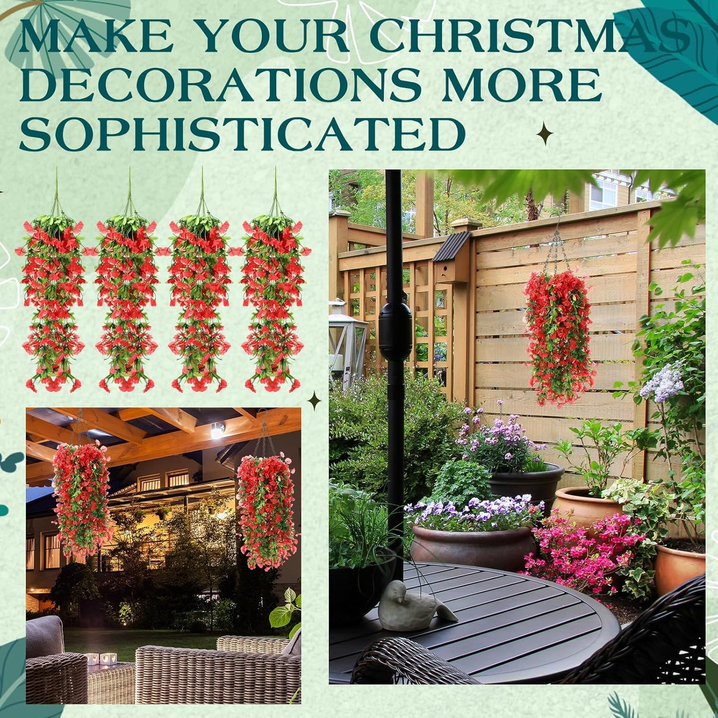 Hotop 2 Set Artificial Flowers with Hanging Basket Includes 6 Pcs Morning Glory Vines Faux Outdoor Hanging Plants Waterproof UV Resistant Fake Flowers for Patio Spring Summer Decor(Red)