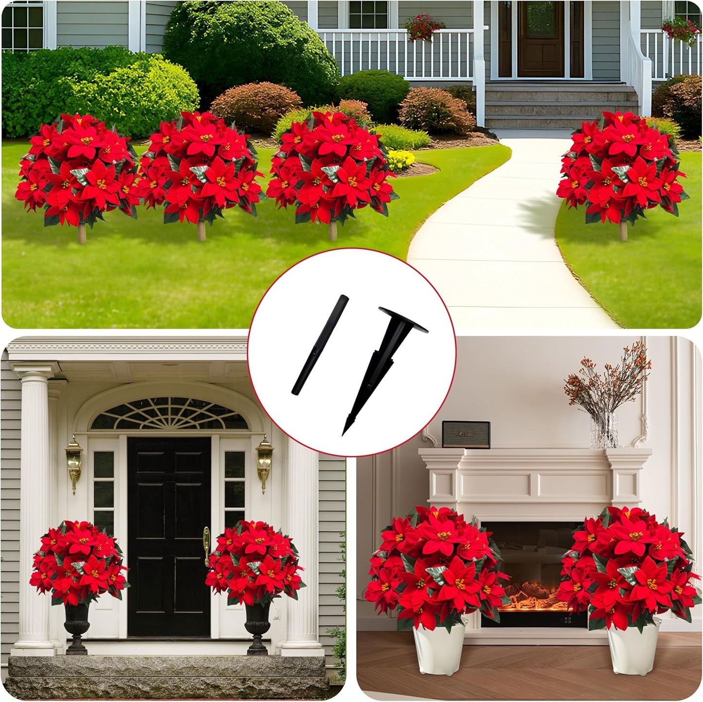 2 Pack 24.5-Inch Artificial Poinsettia Flowers with Ground Spike, Christmas Topiary Balls Trees, Faux Poinsettias Bush,Fake Poinsettia UV Realistic for Outdoor Porch Home Patio Christmas Decor