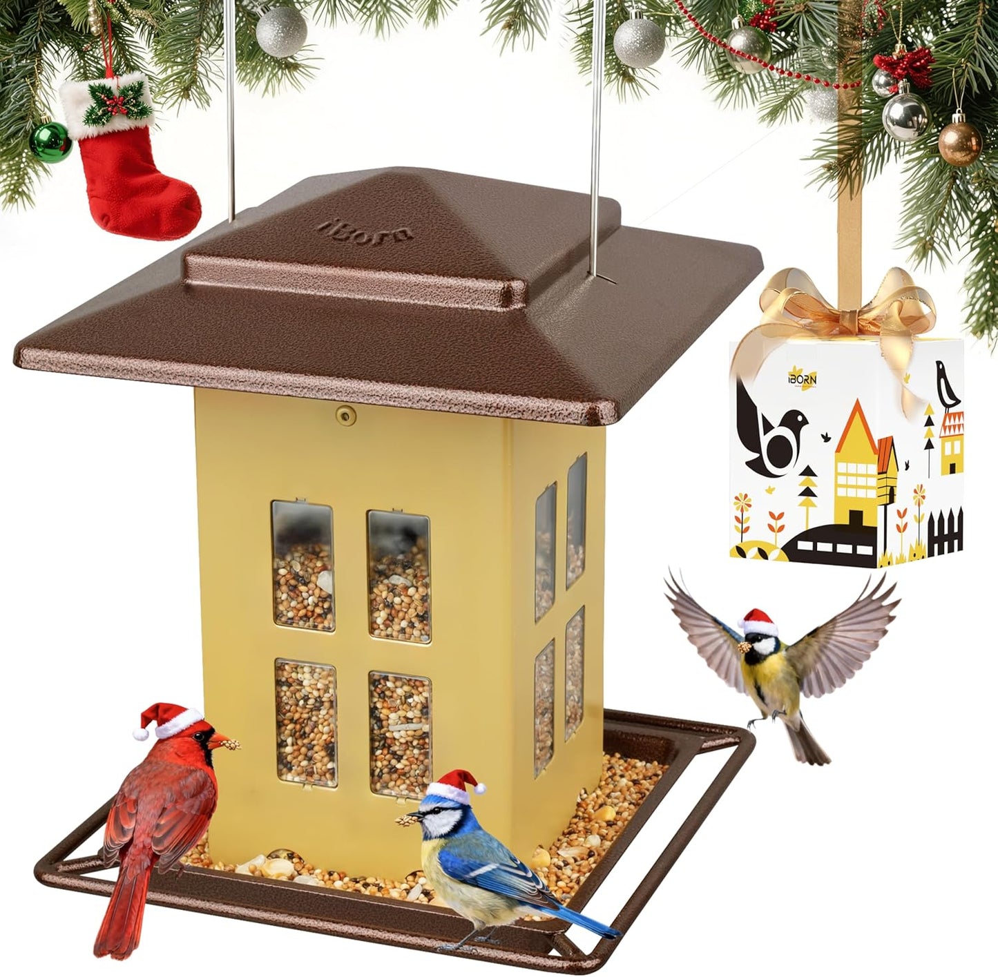 iBorn Bird Feeder for Outdoor Hanging,Metal Bird Feeder Hanging Outside for Cardinal, Double-Sided Hanger Wild Birdfeeder All Metal Constructions, Holds 2.6LB Seed, Muted Yellow,8 Ports