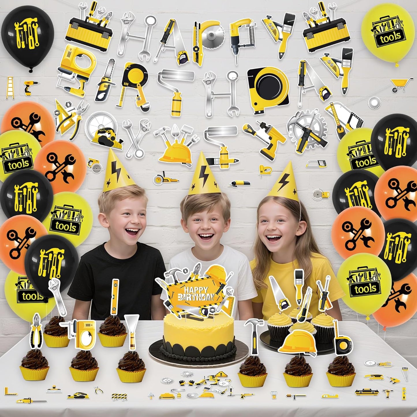Tools Birthday Party Decorations, Tools Party Supplies Includes Happy Birthday Banner, Balloons, Cupcake Toppers, Cake Topper, Stickers for Tools Party