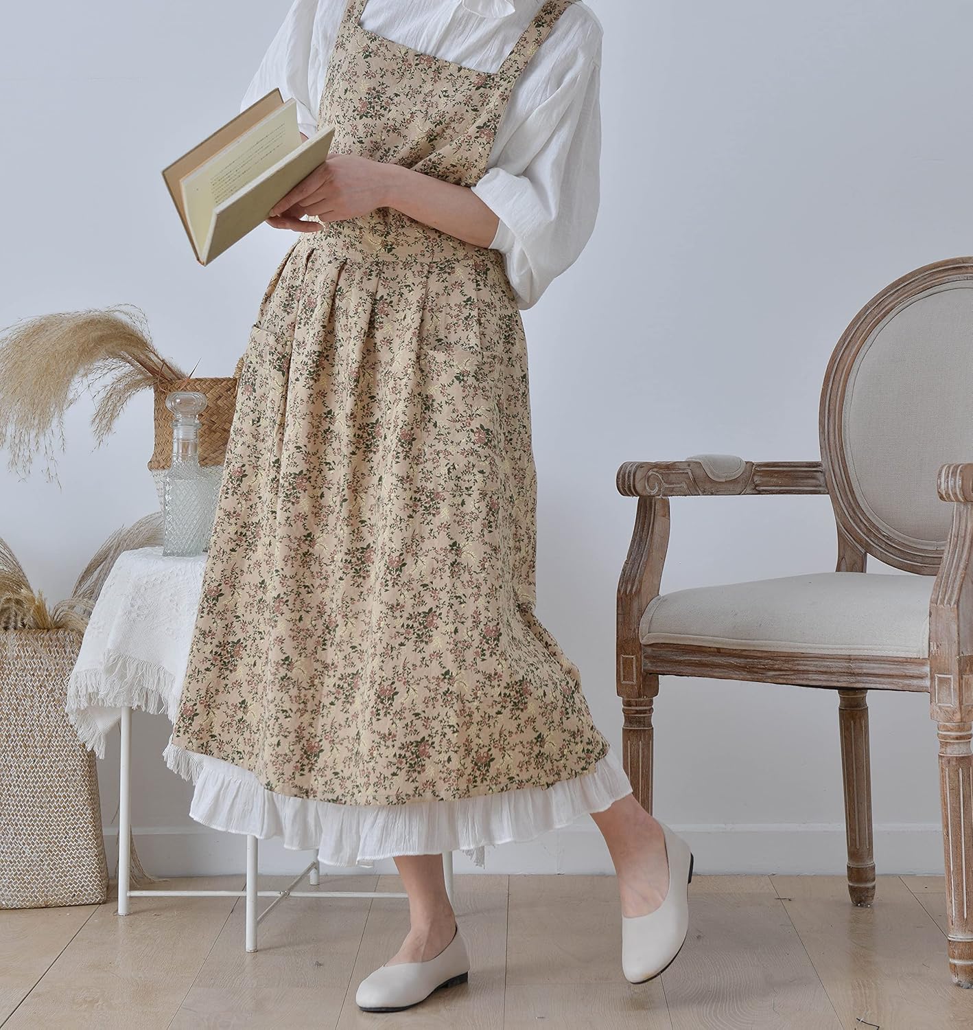 Japanese Cotton Linen Cross Back Apron with Pockets,Fashion Pinafore D