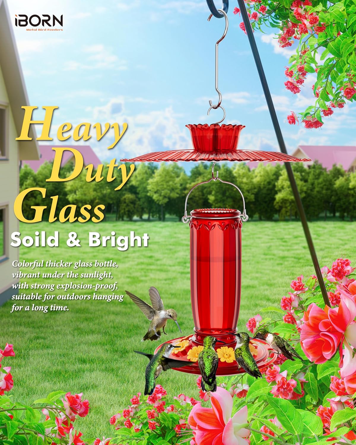 iBorn Hummingbird Feeders for Outdoors Hanging w/Sun Baffle,Ant Proof Moat for Hummingbird Feeder Glass, 8 Ports 16oz Humming Bird Nectar,Red Glass, Red Base,Pack of 1,2025 New