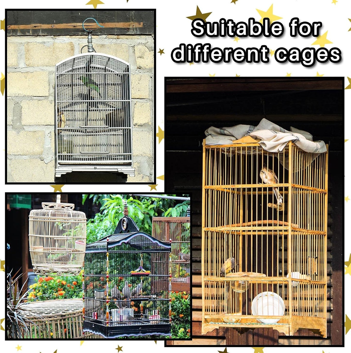Shappy Large Bird Cage Birdcage Nylon Mesh Net Cover Seed Feather Catcher Universal Birdcage Cover Bird Seed Guard Skirt for Parakeet Macaw African Square Cage (Black Star Style, XL)