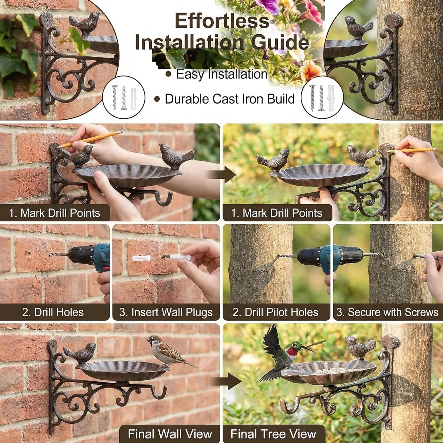 Cast Iron Bird Bath Feeder, Wall Mounted Bird Bath, Black Metal Garden Planter Hanger with Hanging Bracket, Wall Hook for Lanterns, Wind Chimes and More Garden Decorative Items