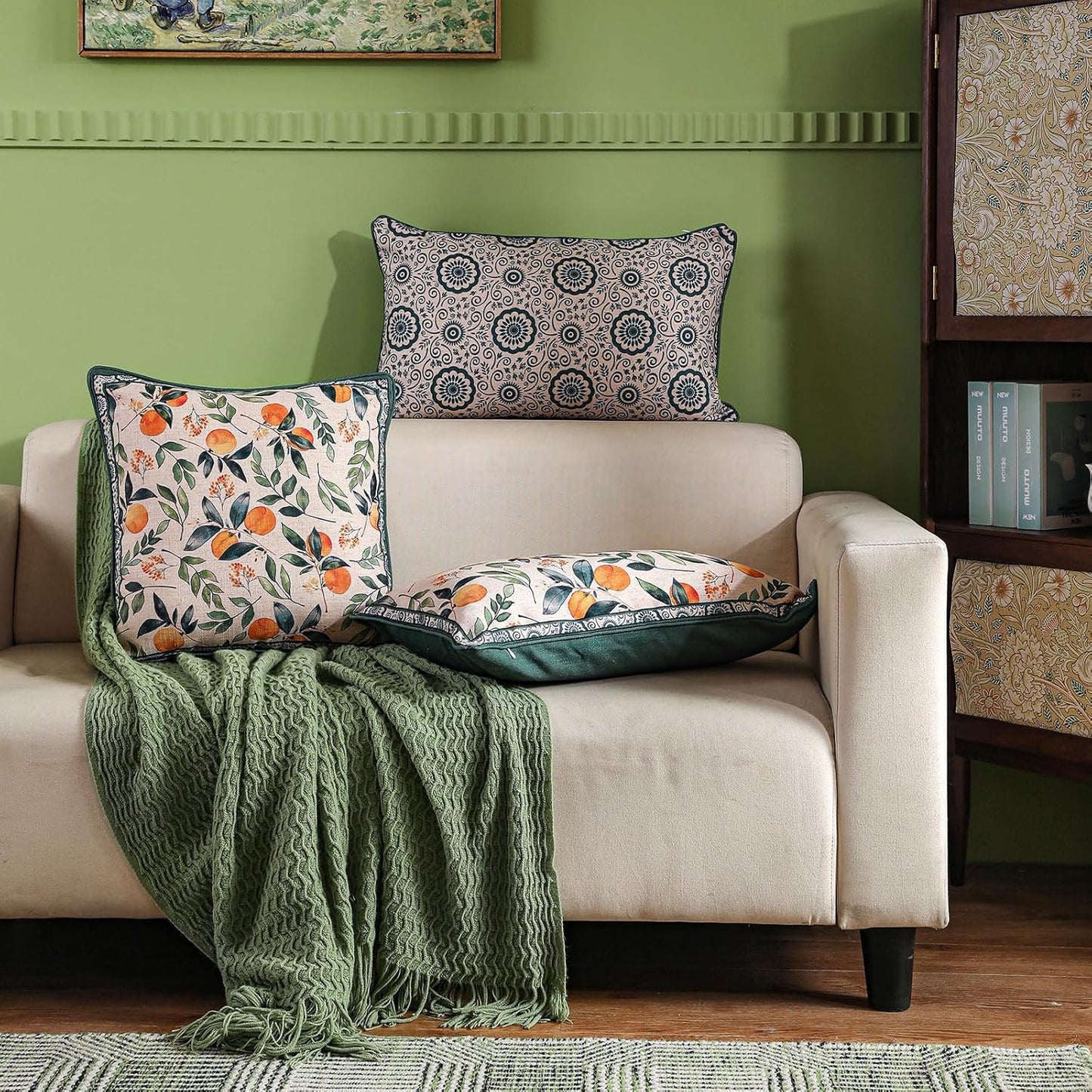 patdrea Designer Throw Pillow Covers Set of 2,Square Green Vintage Rustic Linen with Oranges Harvest Pattern Pillow Cover,Decorative Pillowcases Cushion for Bed Living Room Outdoor Car,18"x18"