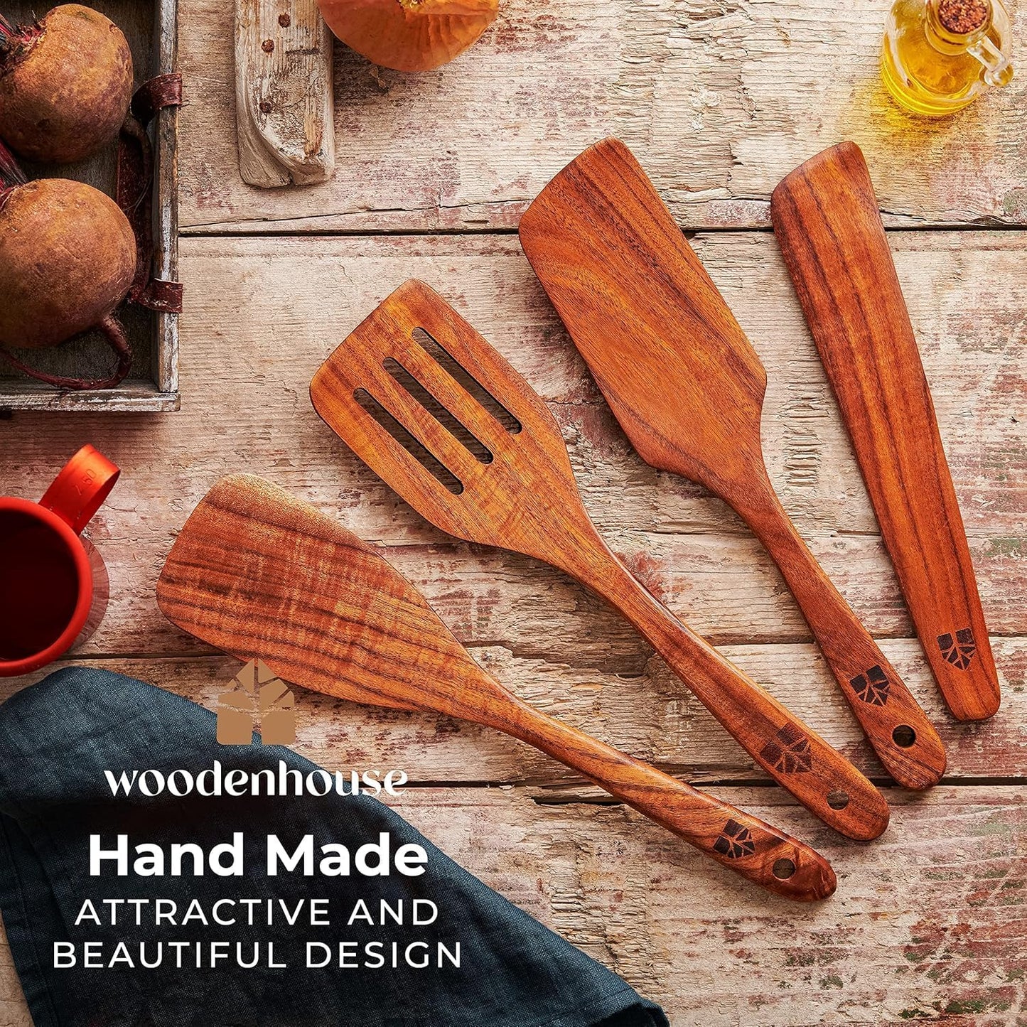 Woodenhouse Wooden Spatula for Cooking, Teak Spatulas for Kitchen Use - Wooden Cooking Utensils Set of 4 including Paddle, Turner, Slotted Spurtle and Wood Scraper. Nonstick cookware