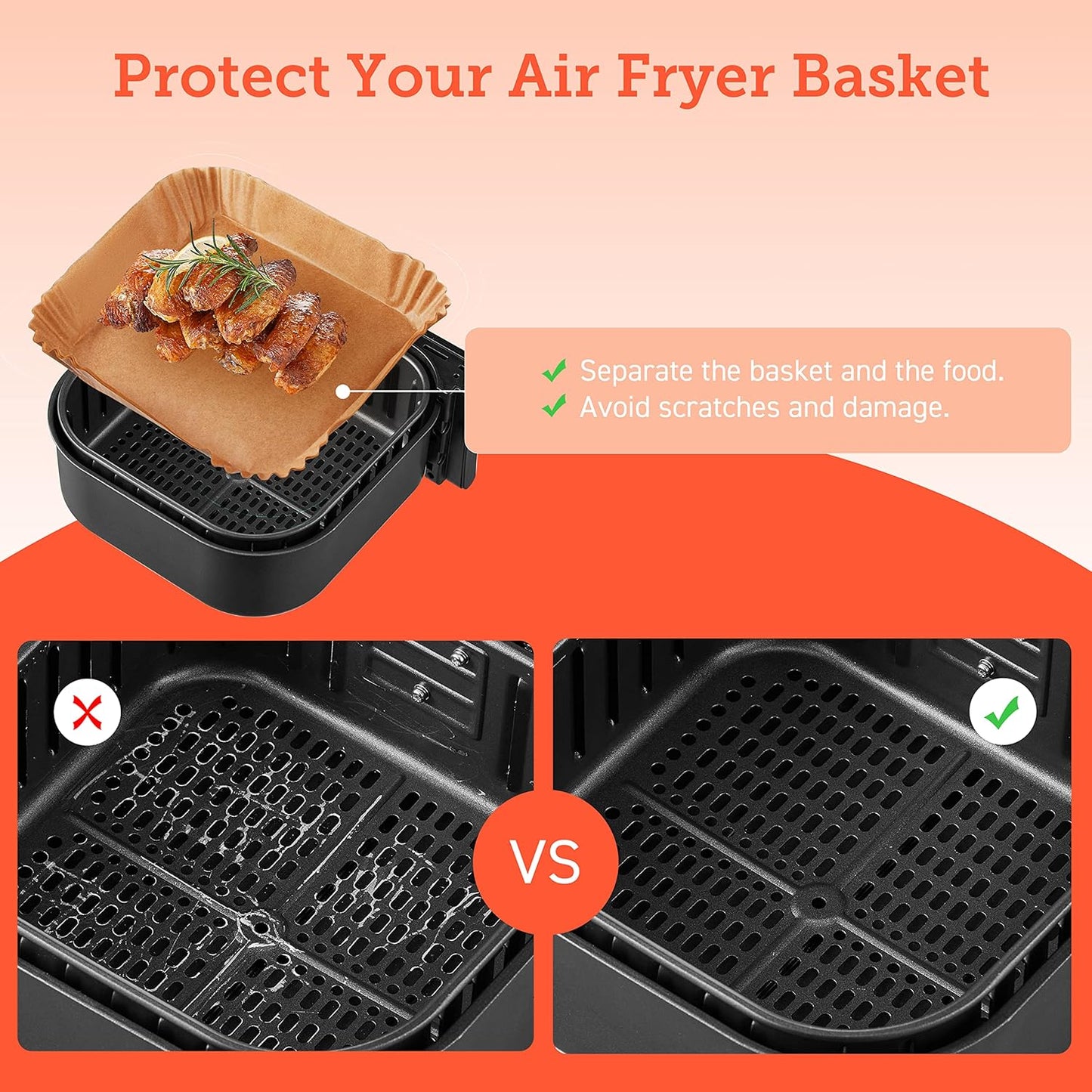 COSORI Air Fryer Liners, 100 PCS Square Disposable Paper Liners, Non-S