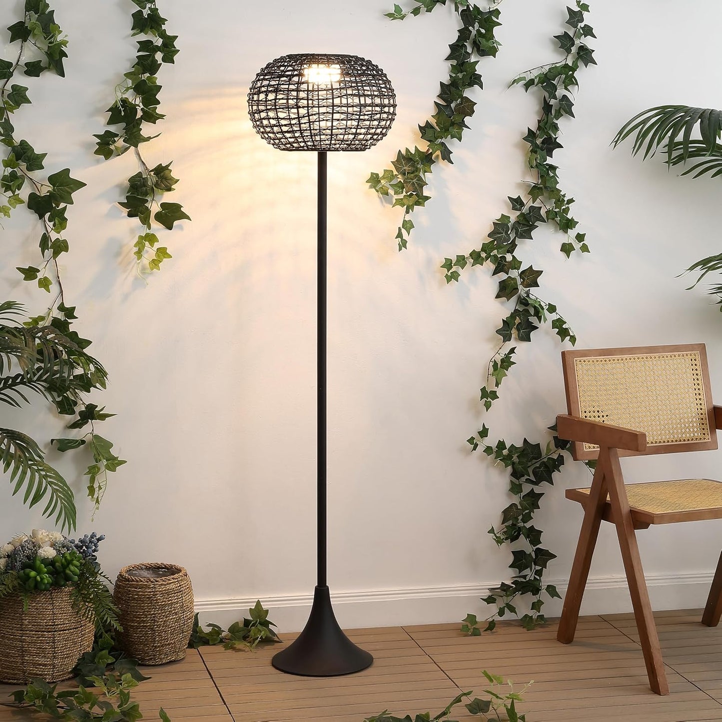 JONATHAN Y 58" Black Modern Outdoor Solar Floor Lamp, Waterproof LED Standing Light for Patio, Deck, Porch, Faux Rattan Shade, USB-C Rechargeable, Coastal Decor JYL2601A
