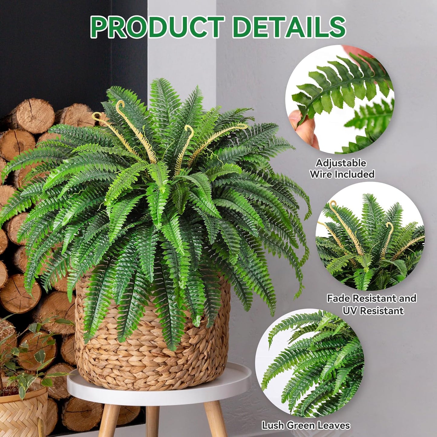 48" Artificial Ferns Plants for Outdoors Indoors, Large UV Resistant 95 Leaves Fake Boston Ferns Bush Artificial Plants, Large Hanging Faux Plant Greenery for Living Room Entrance Office Home Decor