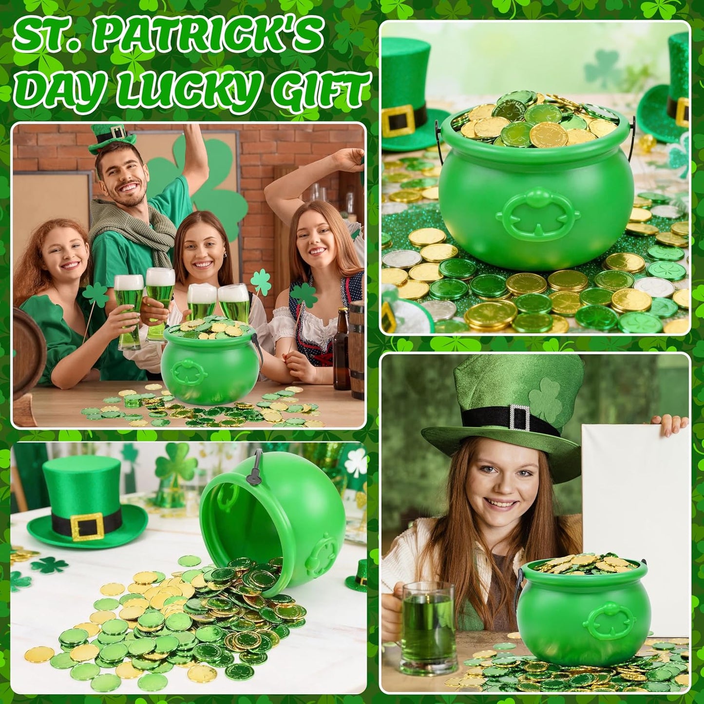 8 Inch St Patricks Day Green Pot with 120 Green & Gold Plastic Lucky Coins Candy Bucket Reusable Pot for St Patrick's Day Decorations Irish Lucky Festival Supplies