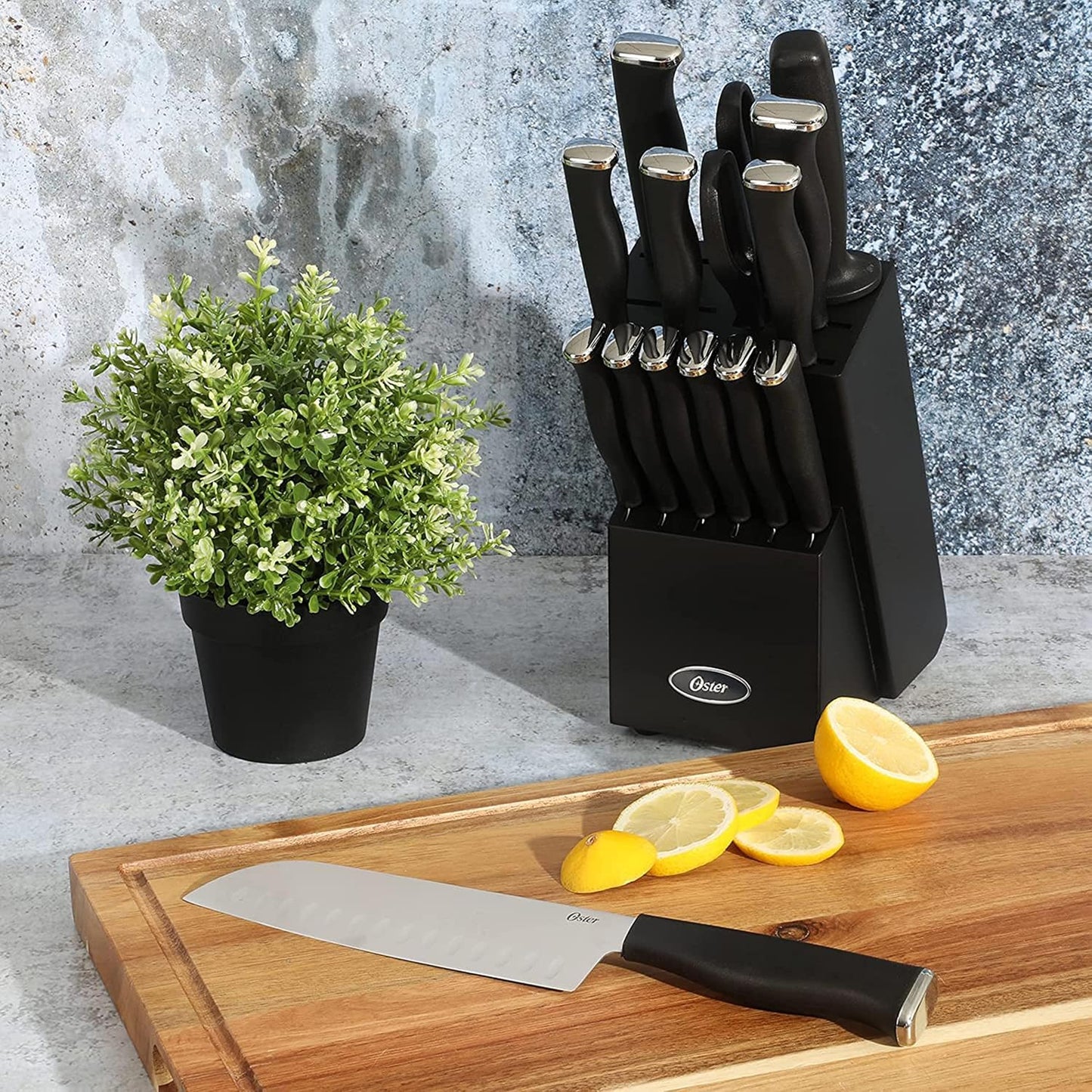 Oster Langmore 15-Piece Stainless Steel Knife Block Set with Black Han