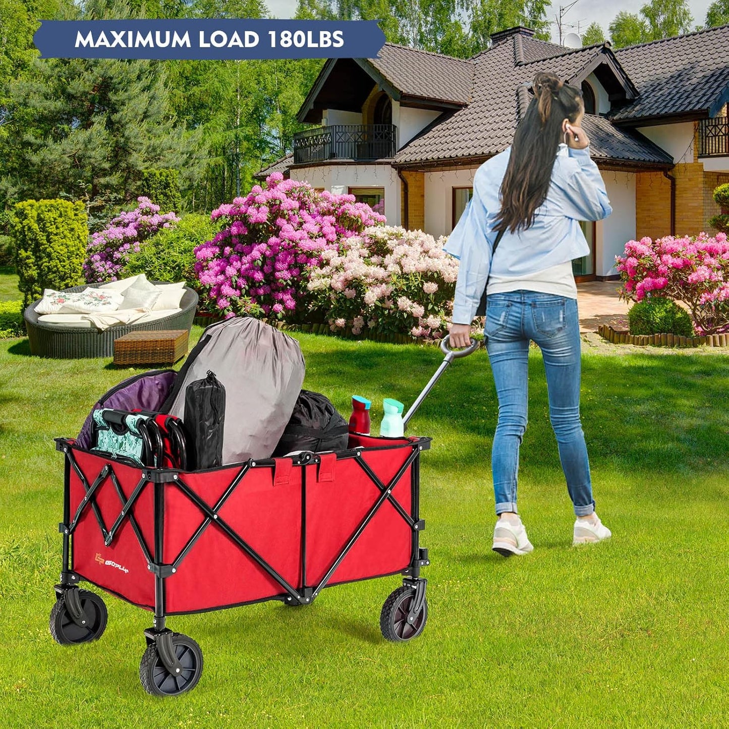 S AFSTAR Folding Wagon Cart, Collapsible Garden Wagon w/Adjustable Handle & Universal Wheels, Heavy Duty Folding Utility Cart for Agricultural Material Toy Grocery, Load Capacity up to 180Lbs (Red)
