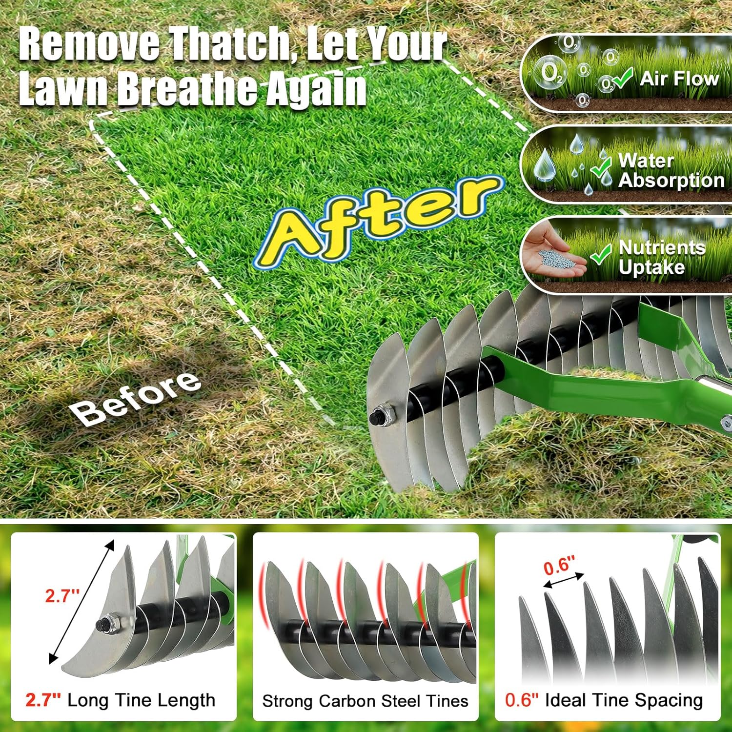 Heavy Duty Thatch Rake for Lawns - Deep-Clean Dethatching Rake for Dea