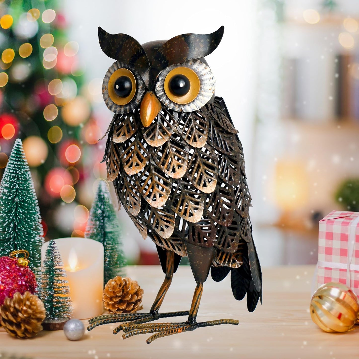 Shorayn Garden Statue Metal Owl Yard Art Outdoor Decor with Solar LED Lights for Patio Lawn Decoration Great Gifts