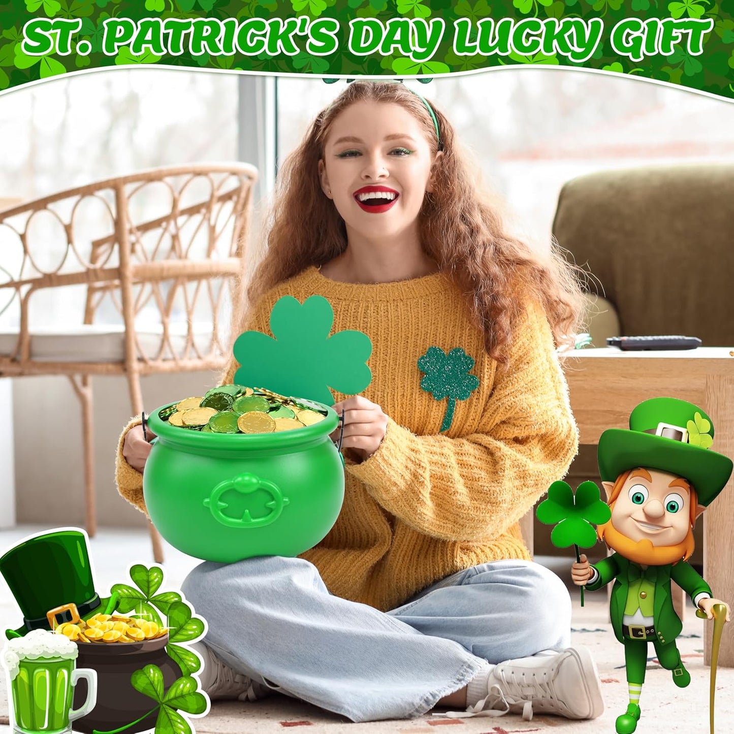 8 Inch St Patricks Day Green Pot with 120 Green & Gold Plastic Lucky Coins Candy Bucket Reusable Pot for St Patrick's Day Decorations Irish Lucky Festival Supplies