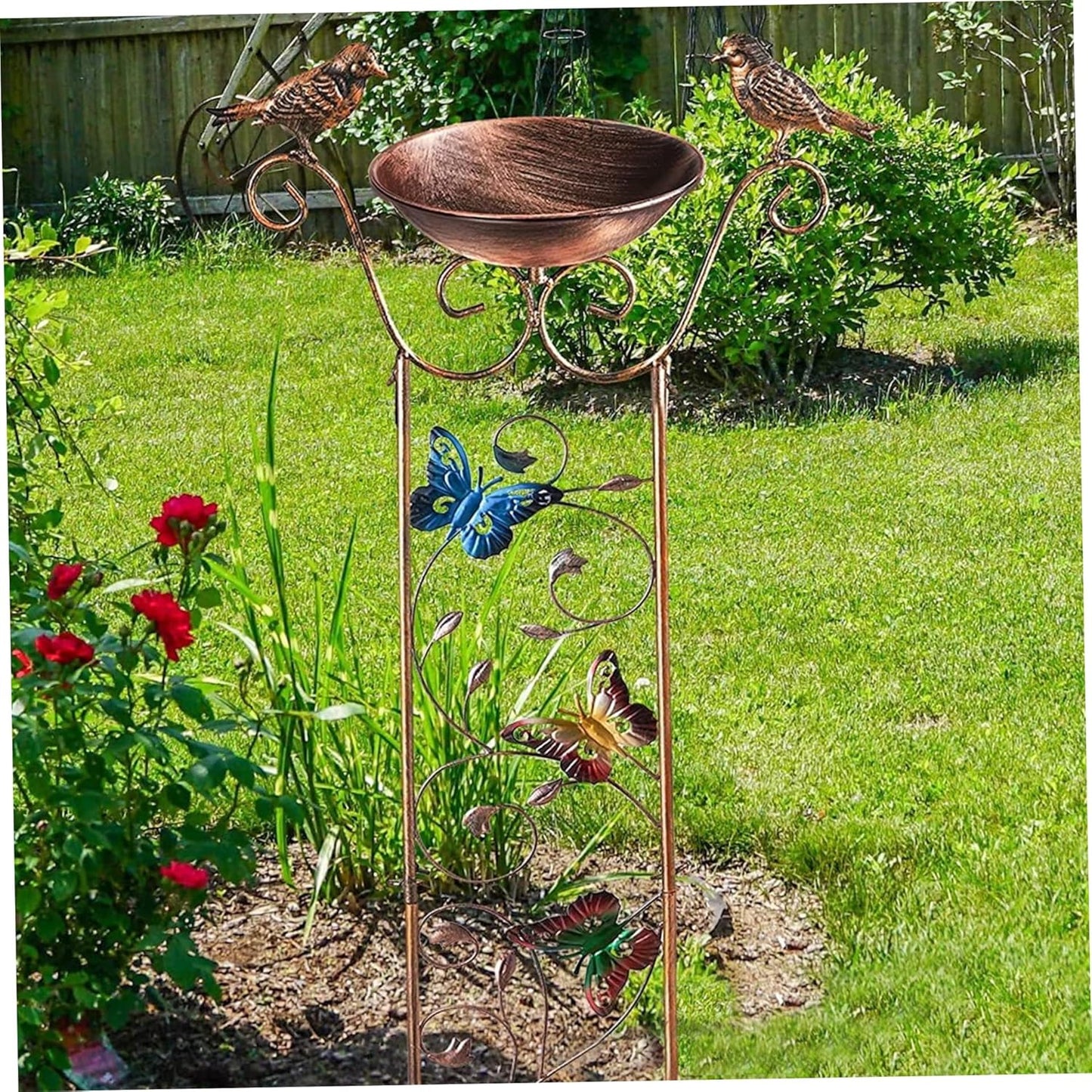 Bird Feeder Stand Bird Bath with Garden Trellis 2-in-1 Metal Bird Water Feeder with Decorative Butterfly Detachable Free Standing Bird Water Dispenser Standing Bird Feeder