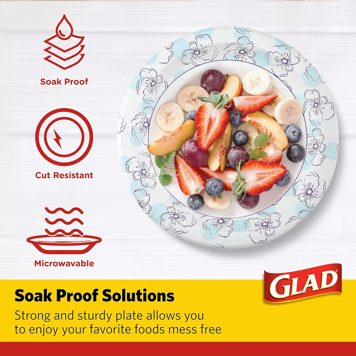 Glad Round Disposable Paper Plates, Blue Flower Design, Heavy Duty Soa