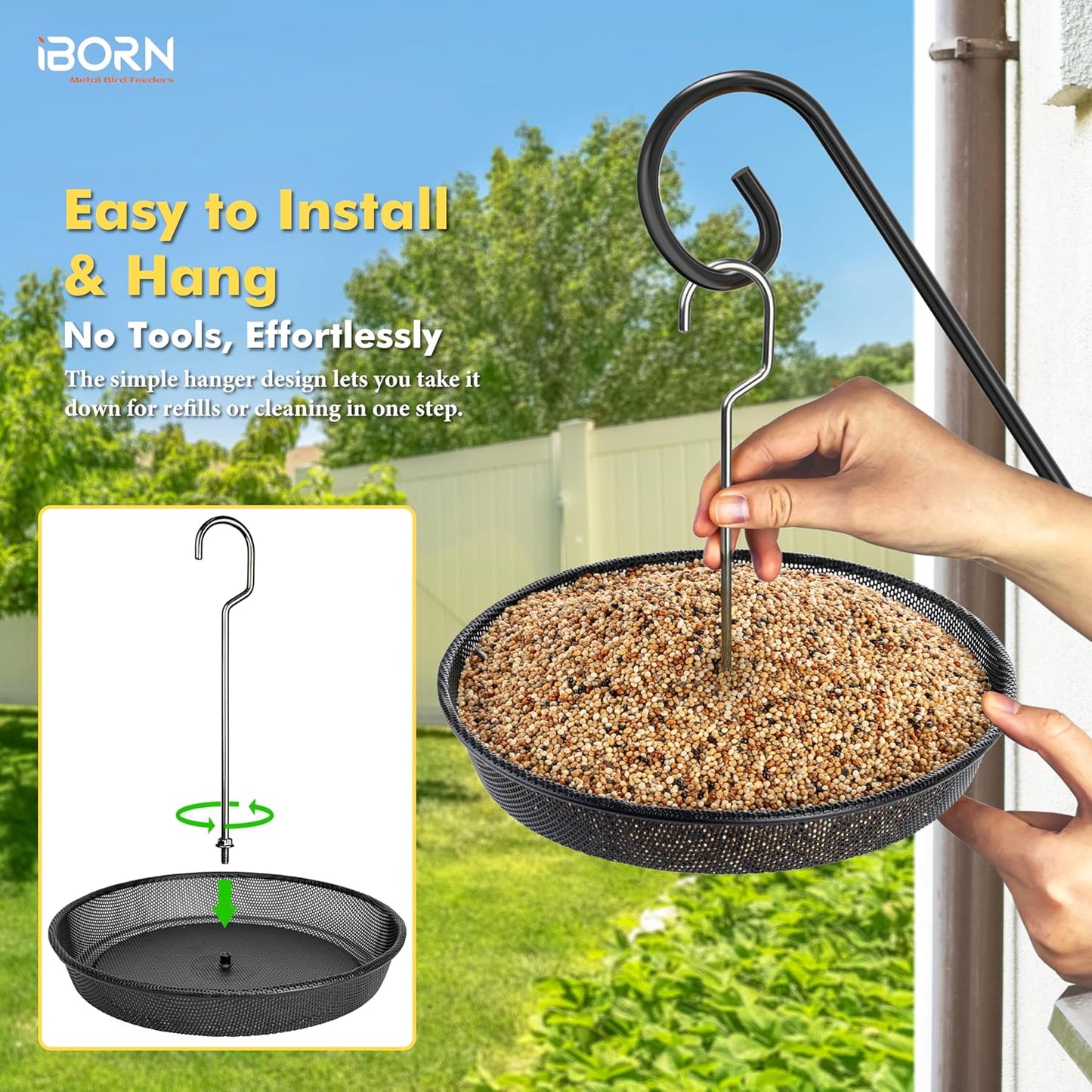 iBorn Hanging Bird Feeder Tray, Metal Mesh Bird Feeder Bowl with Thick Metal Hanger, Sturdy & Durable for Outdoors, Easy to Refill & Clean, Pack of 1, Black