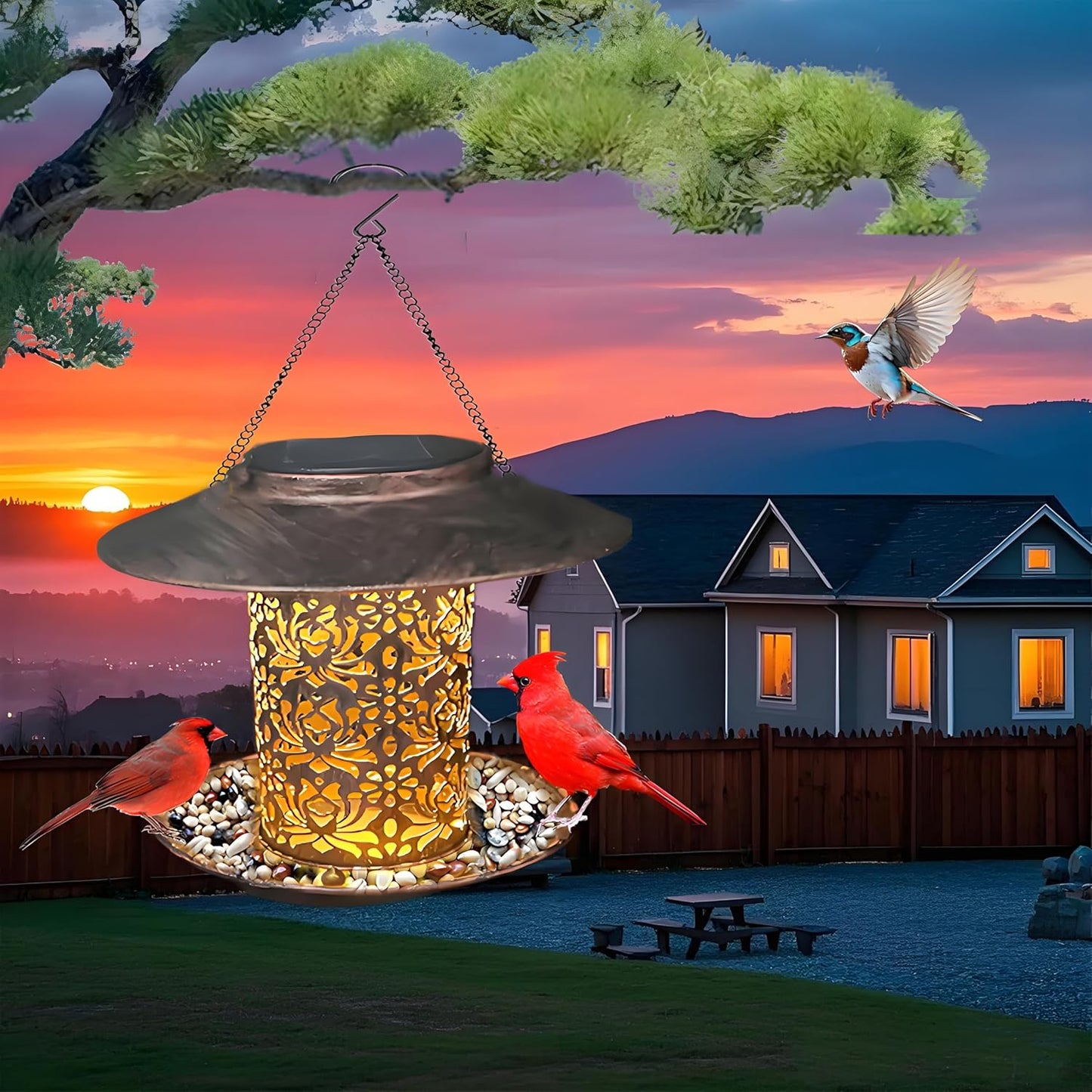 Solar Bird Feeder for Outdoors Hanging,Waterproof Metal Wild Bird Feeder for Finch,Cardinal,Blue Jay Solar Garden Lanterns with S Hook as Gift for Women Mom,Bird Lovers (Large Feeders)